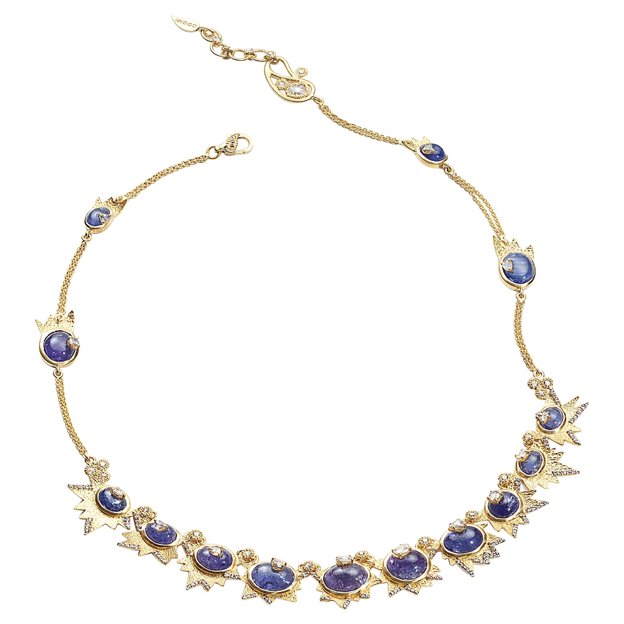 Collar Sagrada Media Luna de Oro Amarillo de 20 K con Diamantes y Tanzanita