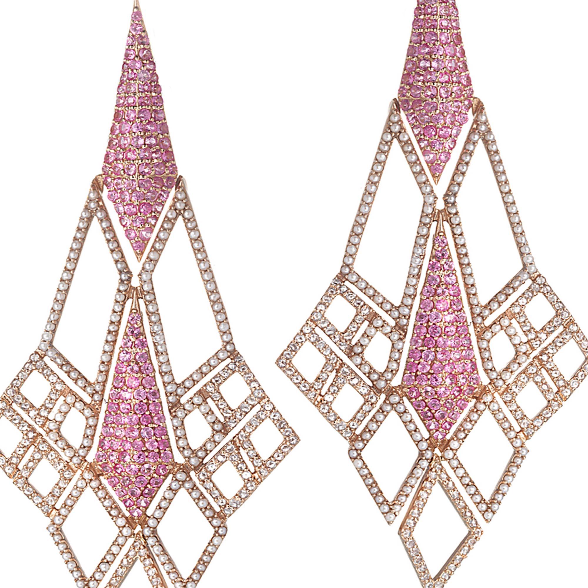 Rose Cut Sagrada Glory Earring in 18K Rose Gold with Pink Sapphire and Pearls For Sale