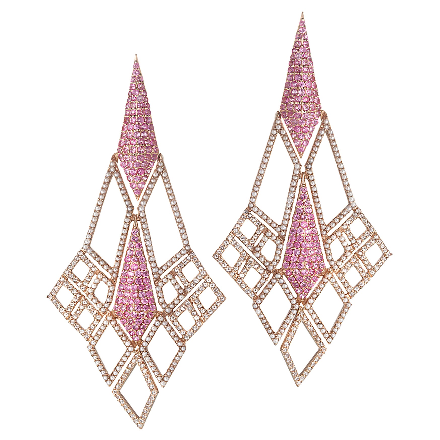Boucles d'oreilles Sagrada Glory en or rose 18 carats avec saphirs roses et perles en vente