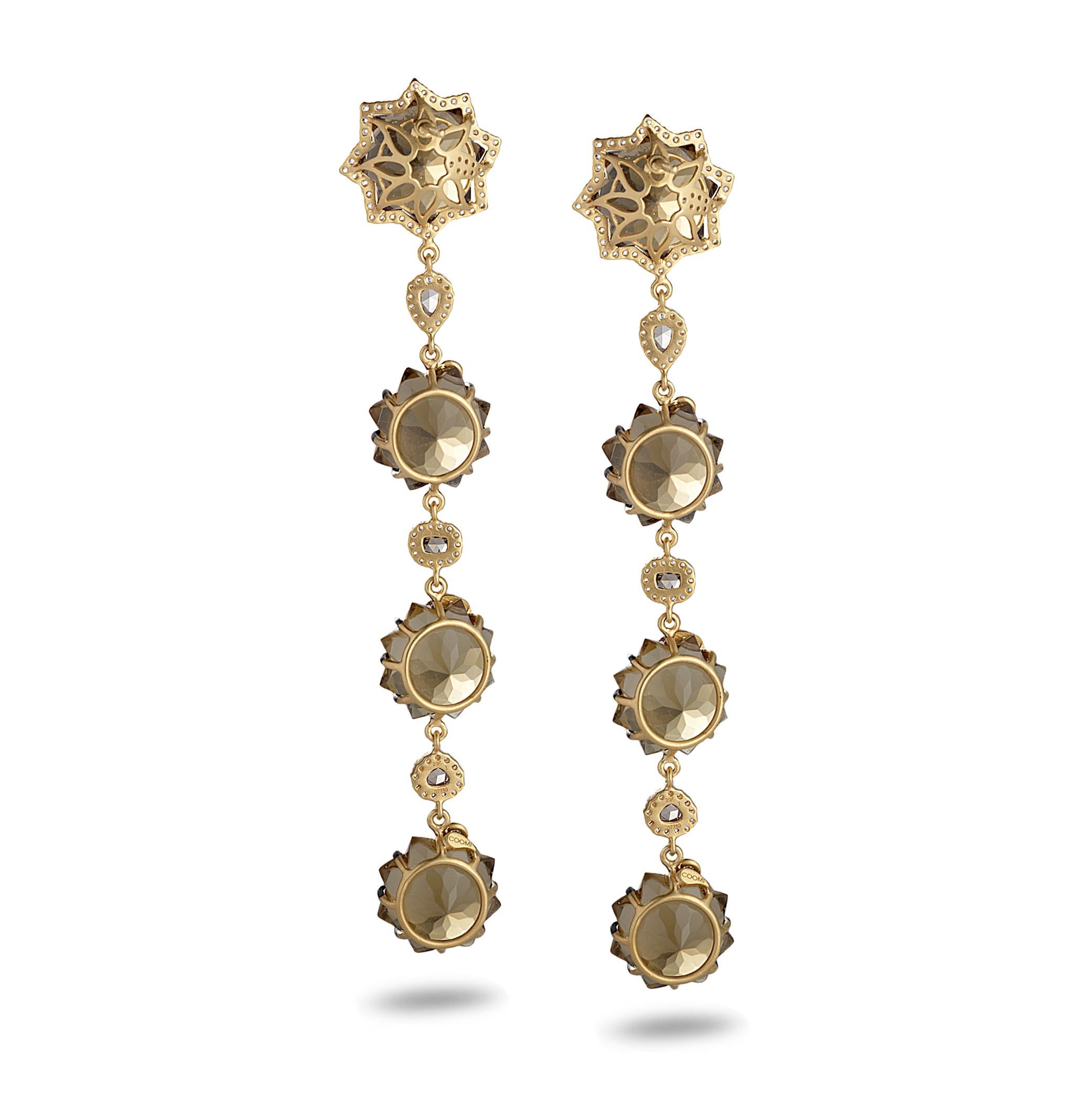 Sagrada Kaleidoscope Earrings Set in 20 karat Yellow Gold with 62.11 Carat Cognac Quartz and 1.83 Carat Rose-Cut Diamonds. The Coomi Sagrada collection was inspired by the doors of the Passion Facade, one of the three grand facades of the Sagrada