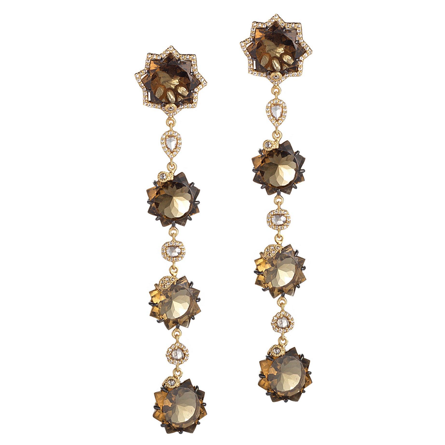 Boucles d'oreilles kaléidoscope Sagrada avec quartz cognac et diamants