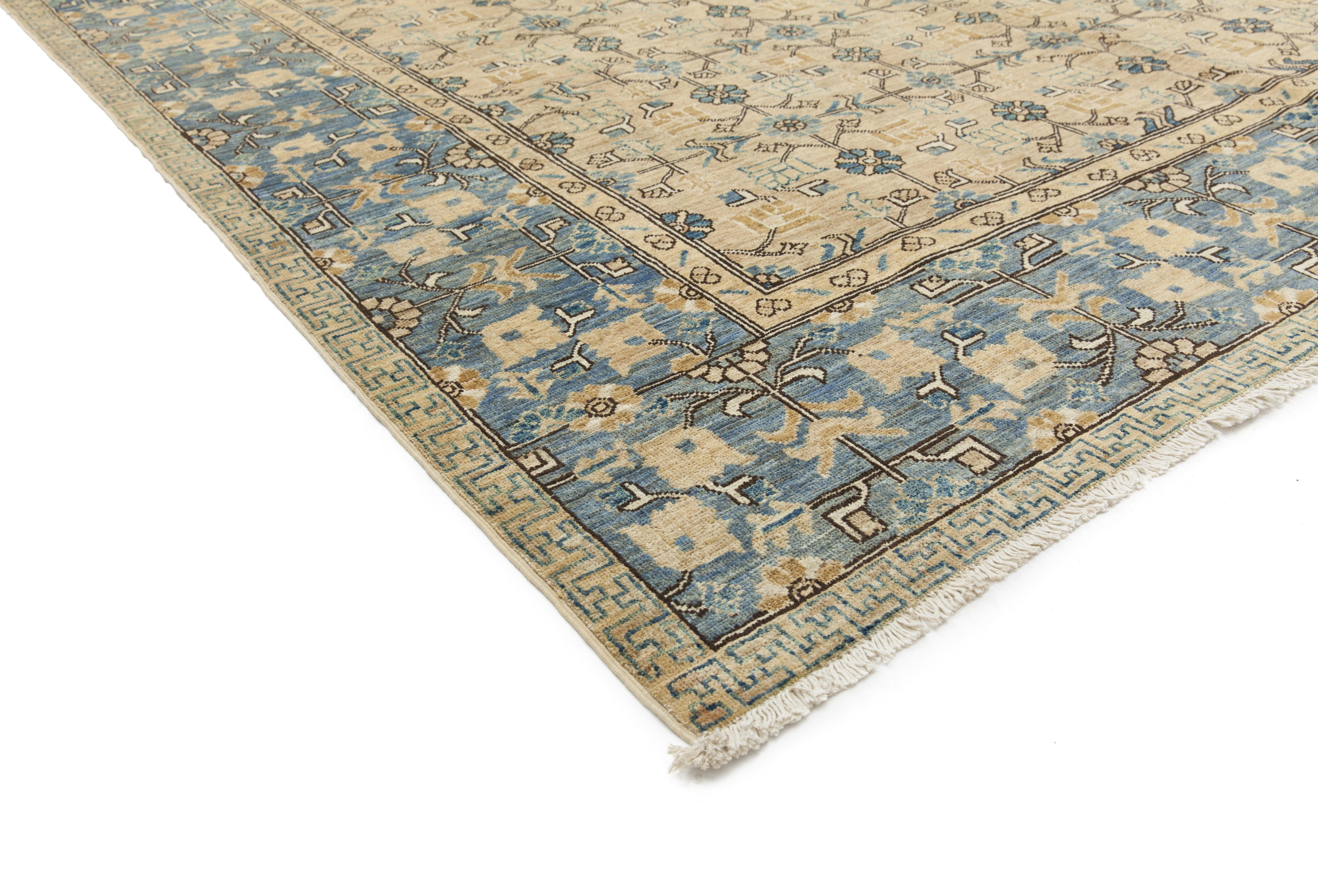 These rugs develop the decorative schemes of late 19th century Turkish carpets. These rugs have large simplified, mostly abstract patterns in light tonalities featuring ivory, pale blue, rust, salmon and light green. The origin of these patterns