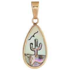 Saguaro Cactus Pendant Vintage 14 Karat Yellow Gold Desert Plants Inlay Jewelry