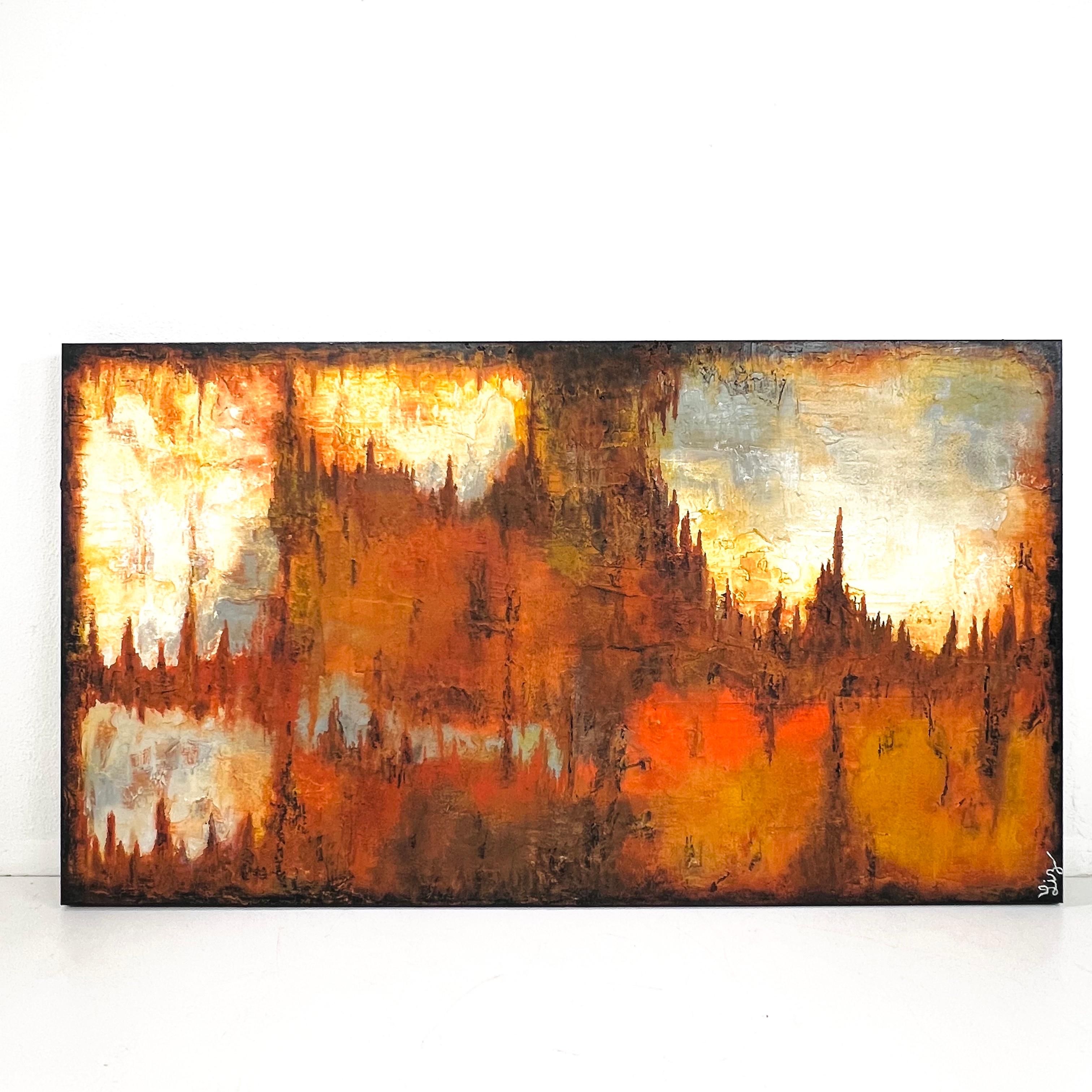 La textura dramática se une a los atrevidos tonos naranja en esta espectacular obra a gran escala de la artista de Dallas Liz Johnston. 
