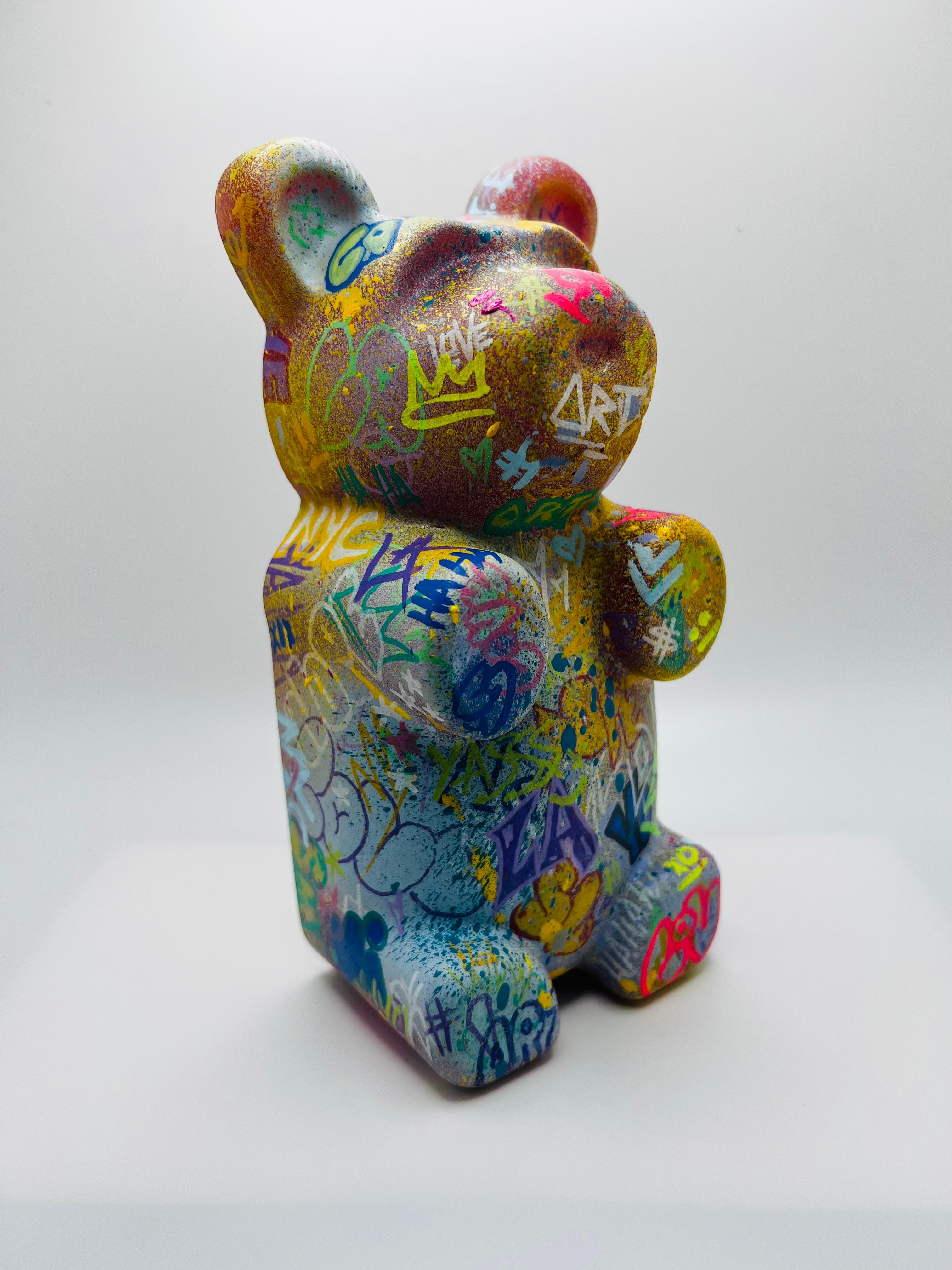 hand made resin gummy bear Approx 7.5 inch height x 3.5 inch wide x 2.5 inch depth 
Resin, painted by hand
Signed  -  Each unique piece designed by LA artist Sahara Novotna