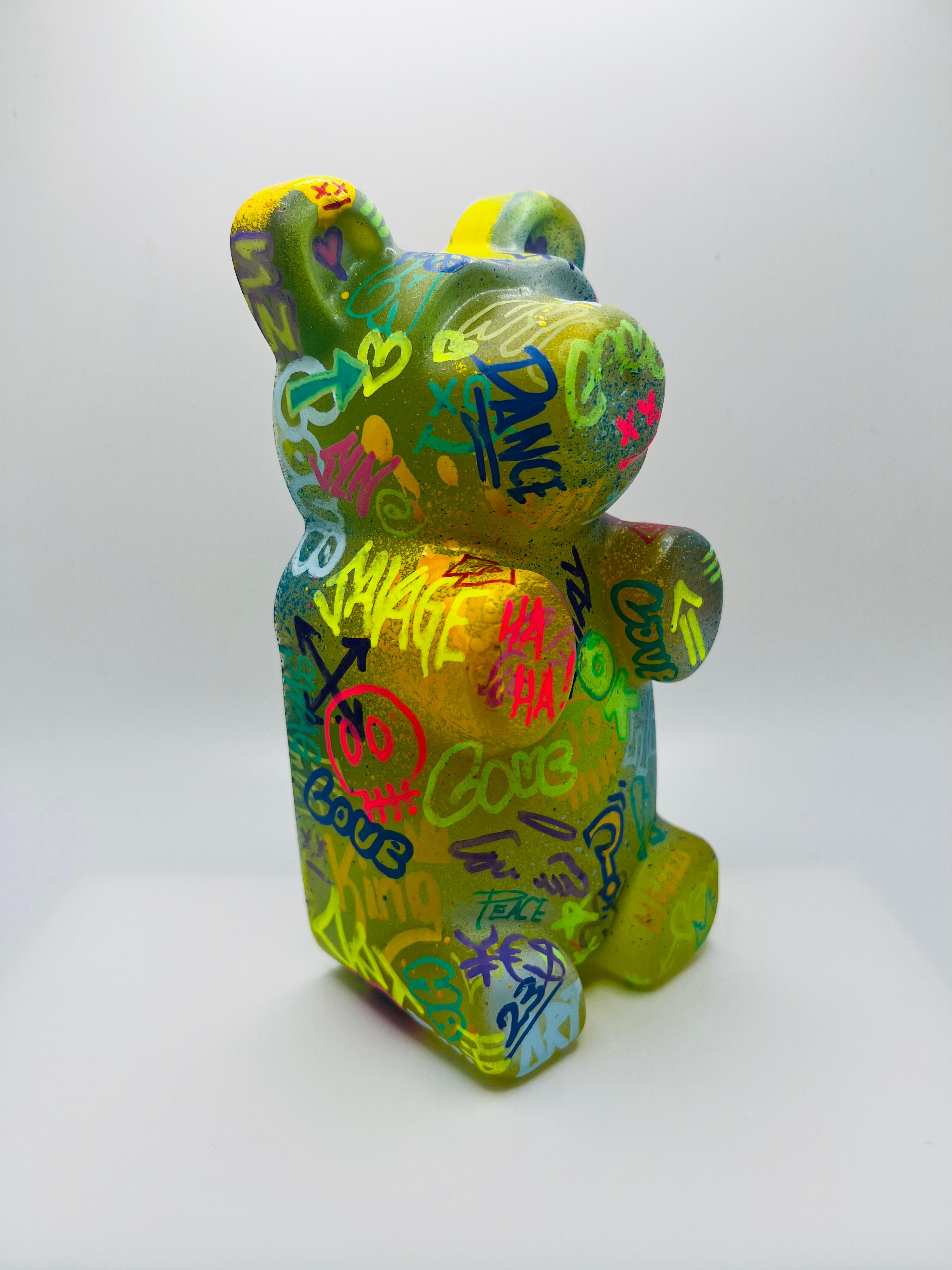 hand made resin gummy bear Approx 7.5 inch height x 3.5 inch wide x 2.5 inch depth 
Resin, painted by hand
Signed  -  Each unique piece designed by LA artist Sahara Novotna