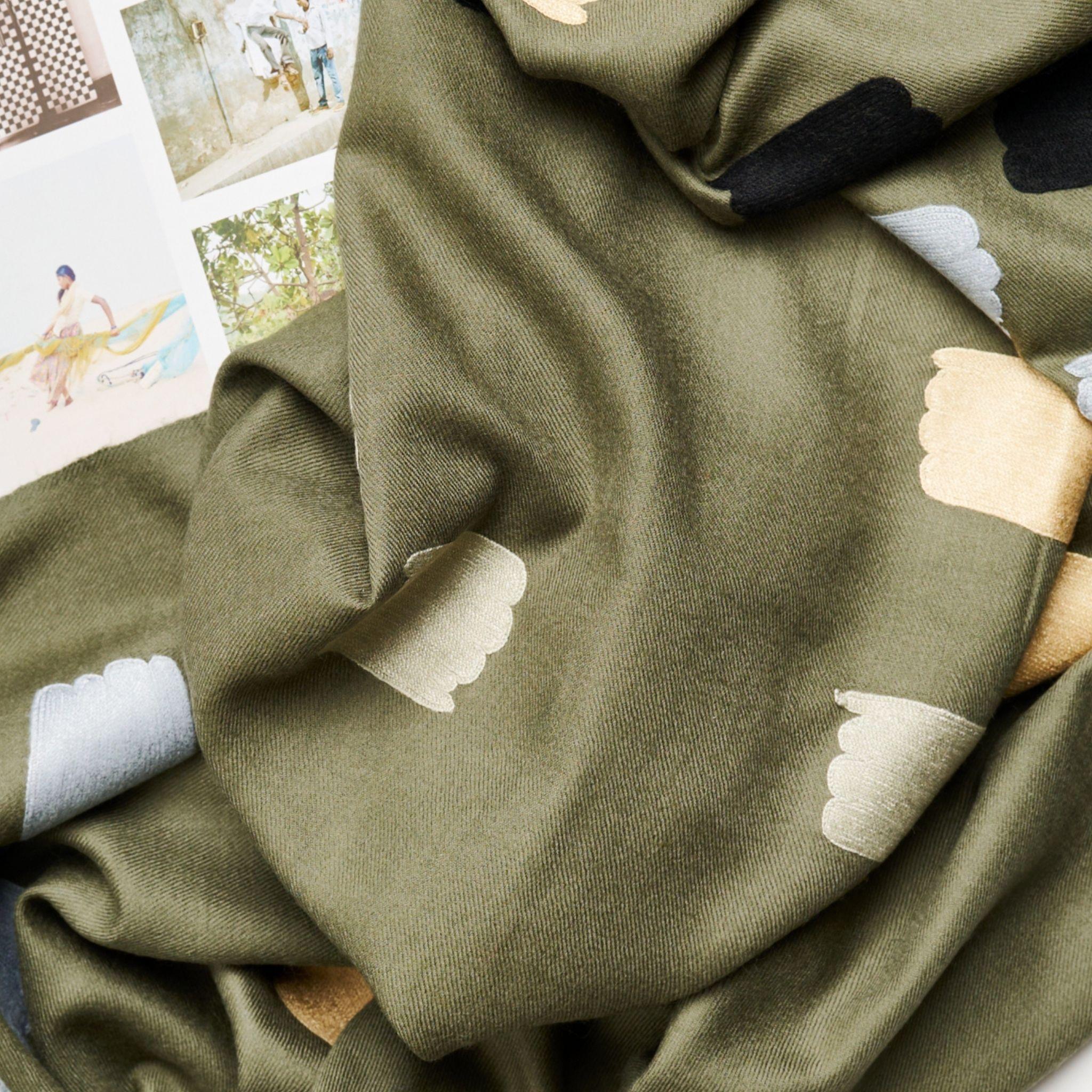 Sahara Olive Green Hand Embroidered Hand Woven Scarf By Artisans For Sale 3