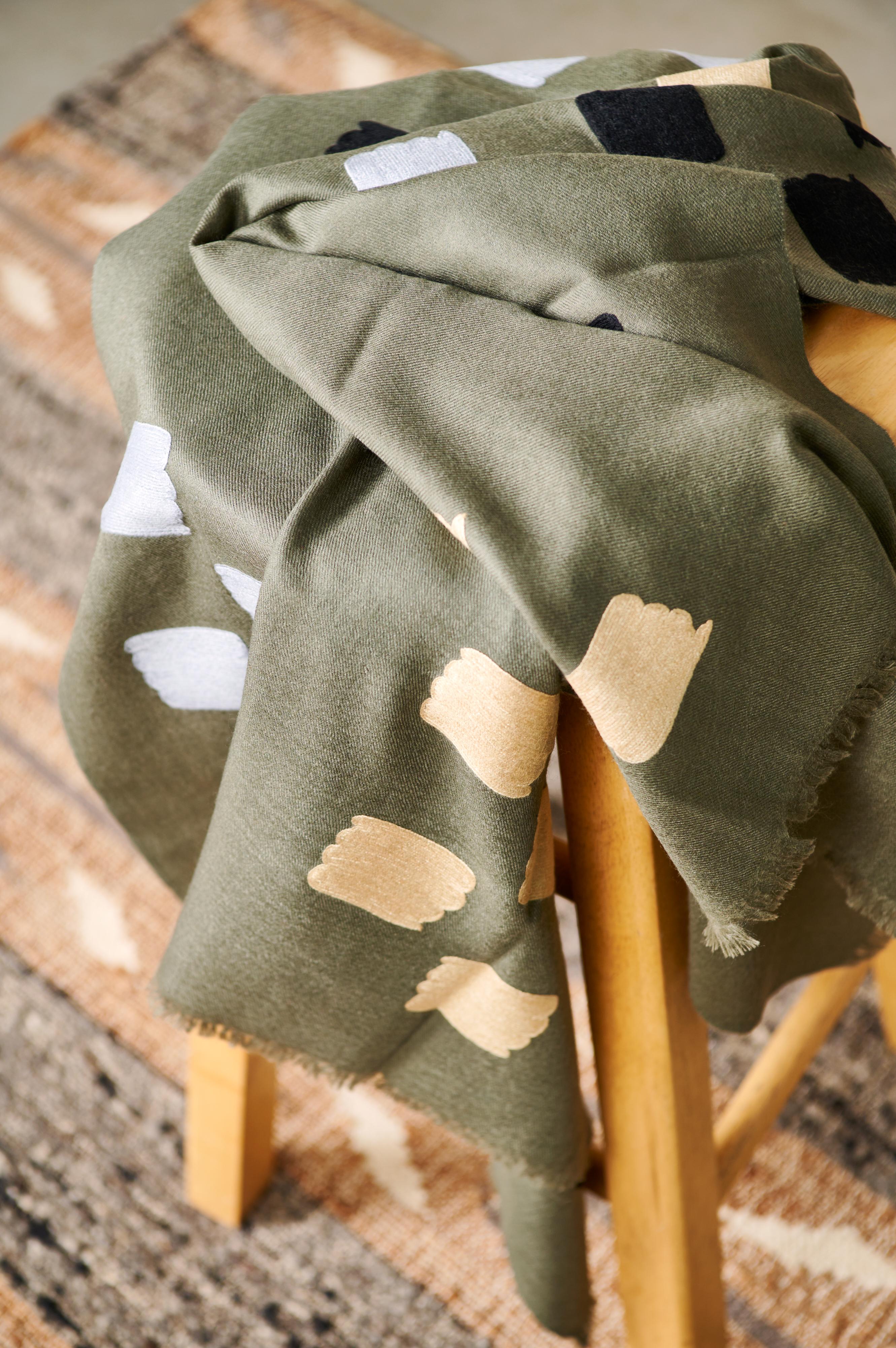 Sahara Olive Green Hand Embroidered Hand Woven Scarf By Artisans For Sale 4