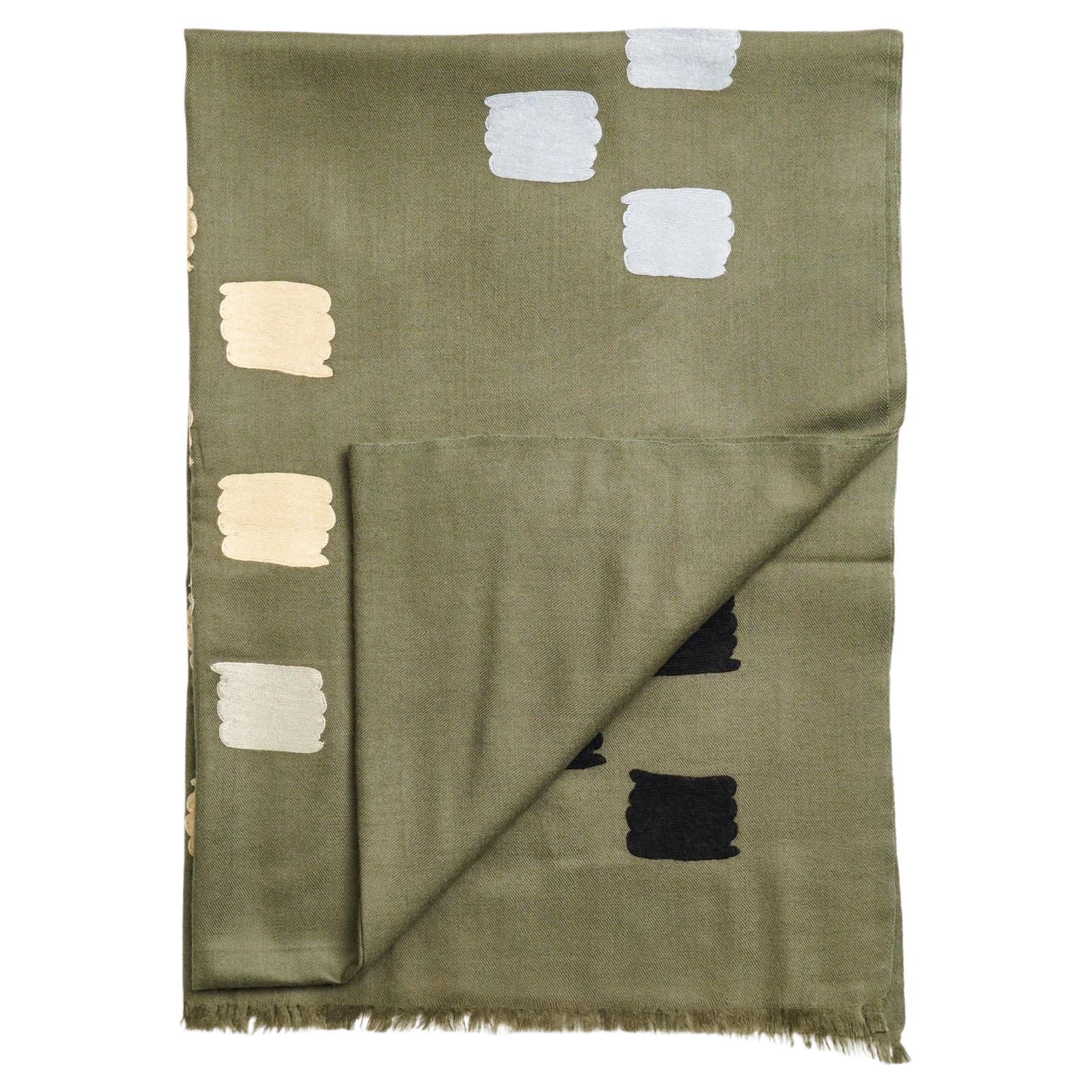 Sahara Olive Green Hand Embroidered Hand Woven Scarf By Artisans For Sale