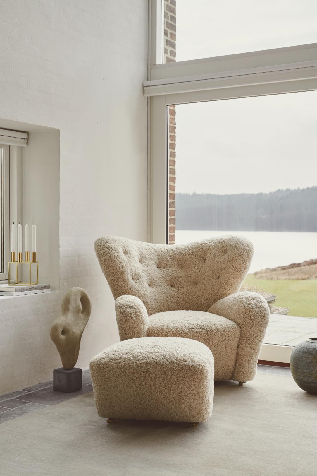 Danish Sahara Smoked Oak Sheepskin the Tired Man Footstool by Lassen For Sale