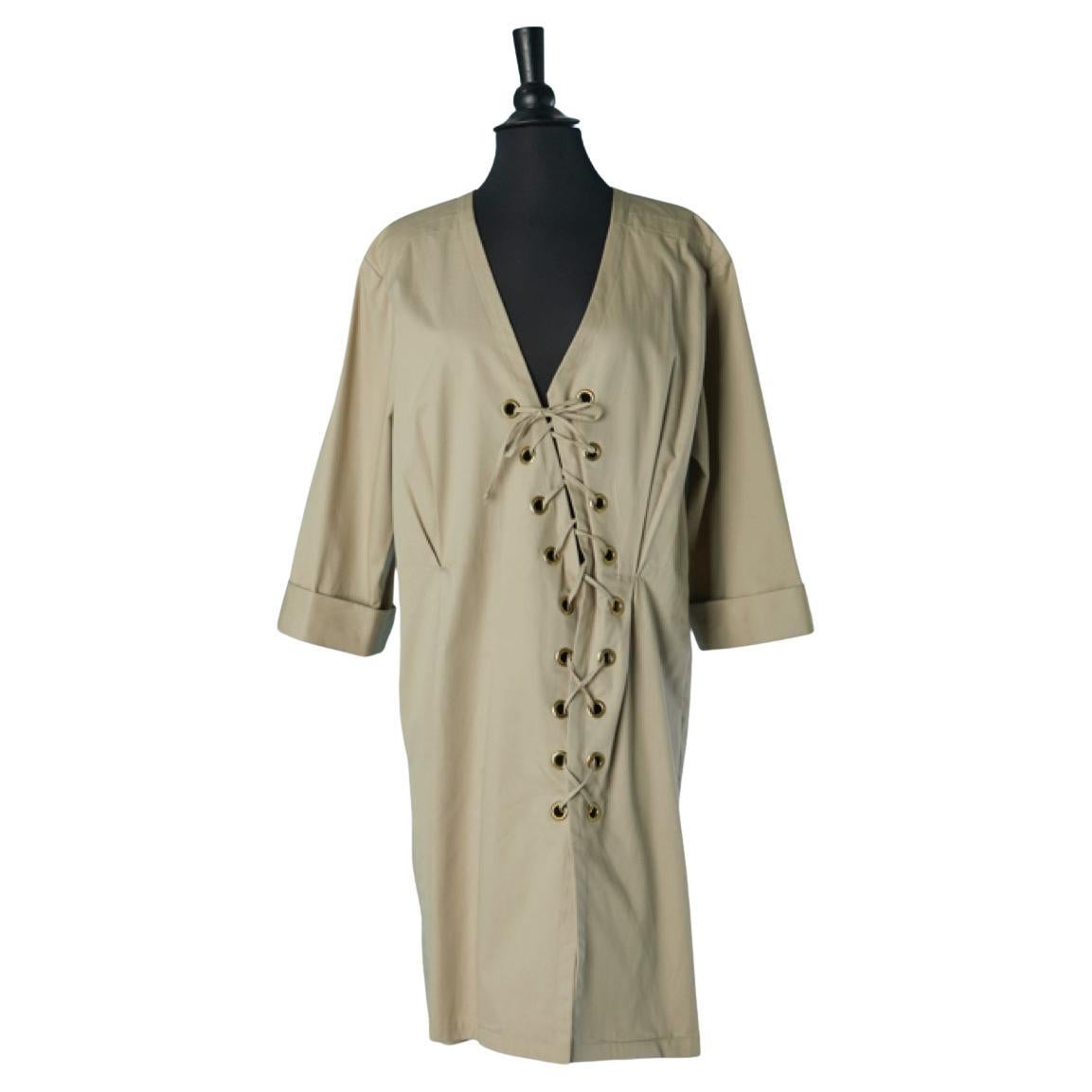 Saharienne-Baumwollkleid mit Schnürung YVES SAINT LAURENT RIVE GAUCHE SS1990 im Angebot