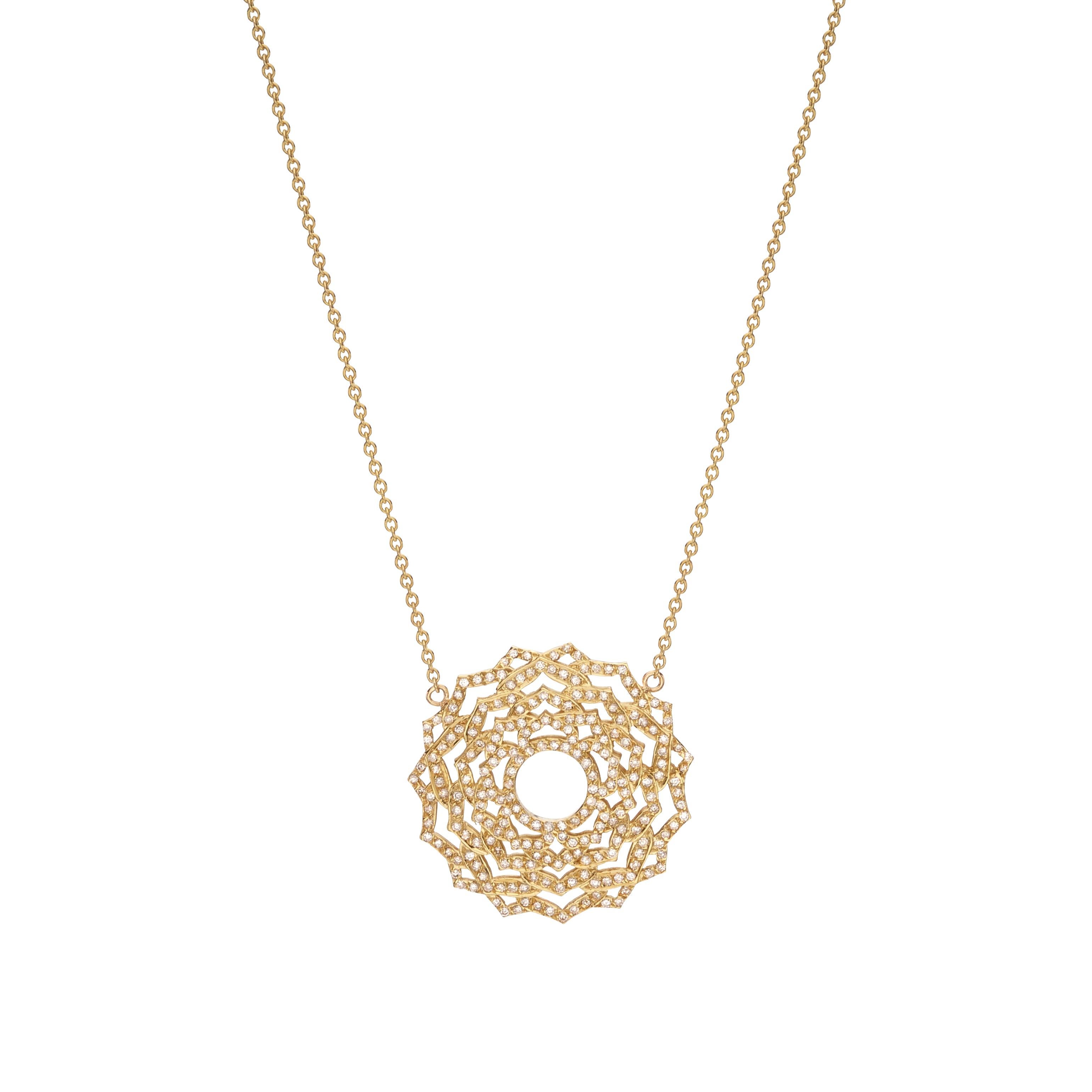 Pendant Necklace with diamonds inspired by Yoga Sahasrara Chakra- The Crown Chakra handcrafted in 14Kt Gold. The Sahasrara Chakra is the mental center of our body that is located on the top of your head. It is strongly connected with wisdom,