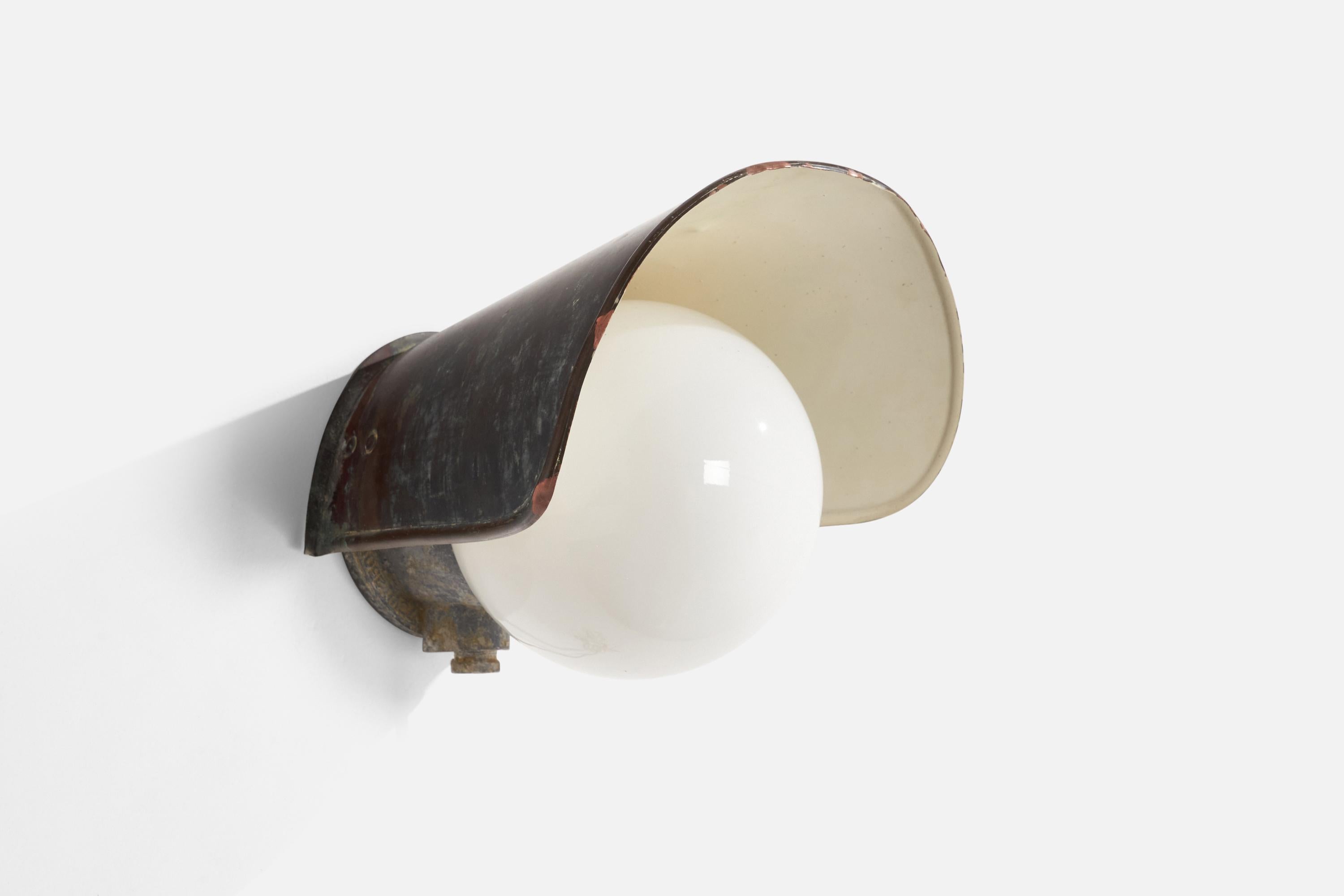 An opaline glass and lacquered copper wall light designed and produced by Sähköliikkeiden Oy, Finland, 1930s.

Overall Dimensions (inches): 10.25” H x 11.25” W x 9.5” D
Back Plate Dimensions (inches): 5.5” H x 5.5” W x .25”  D
Bulb Specifications: