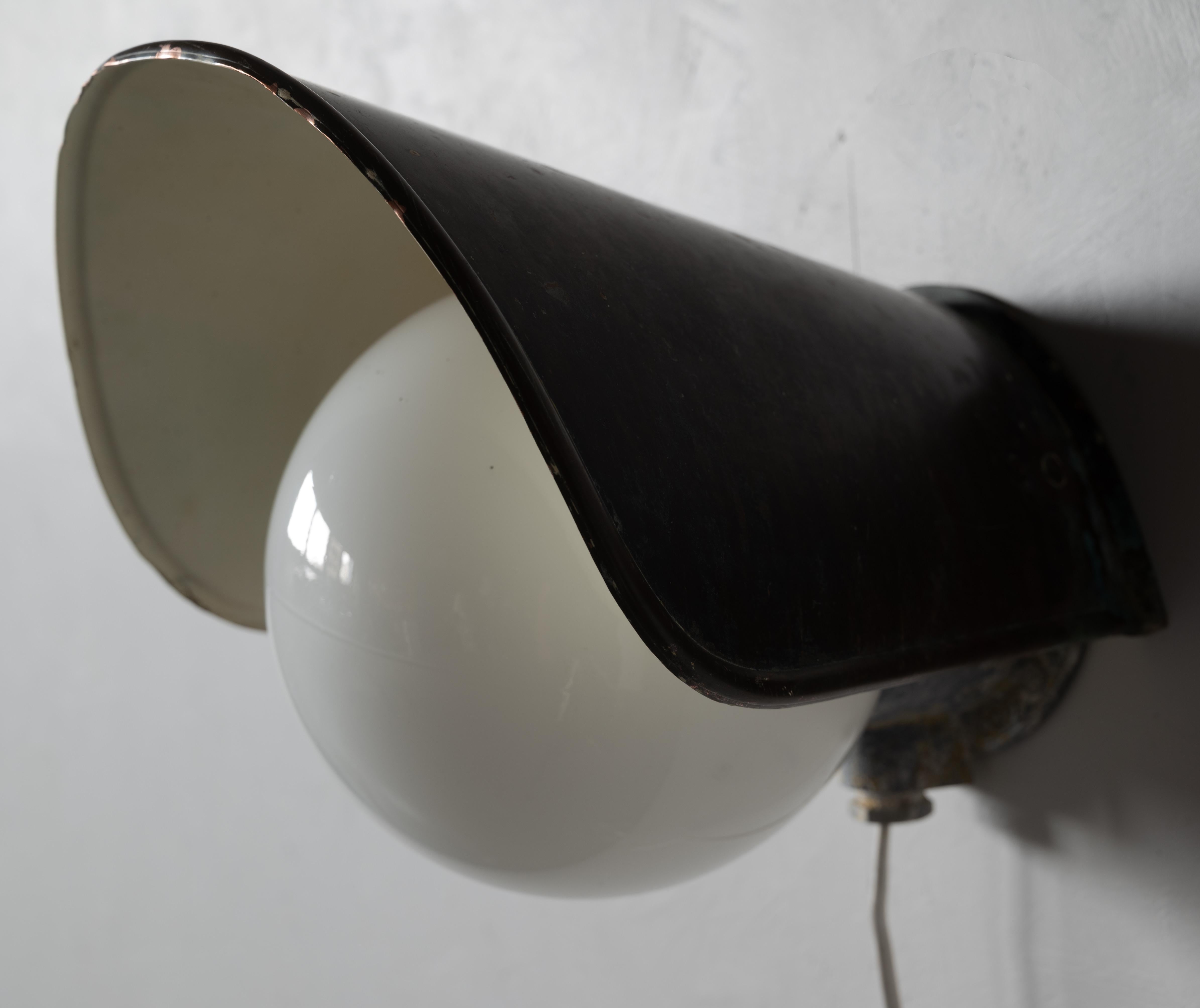 Scandinavian Modern Sähköliikkeiden Oy, Wall Light, Patinated Copper, Milk Glass, Finland, 1940s