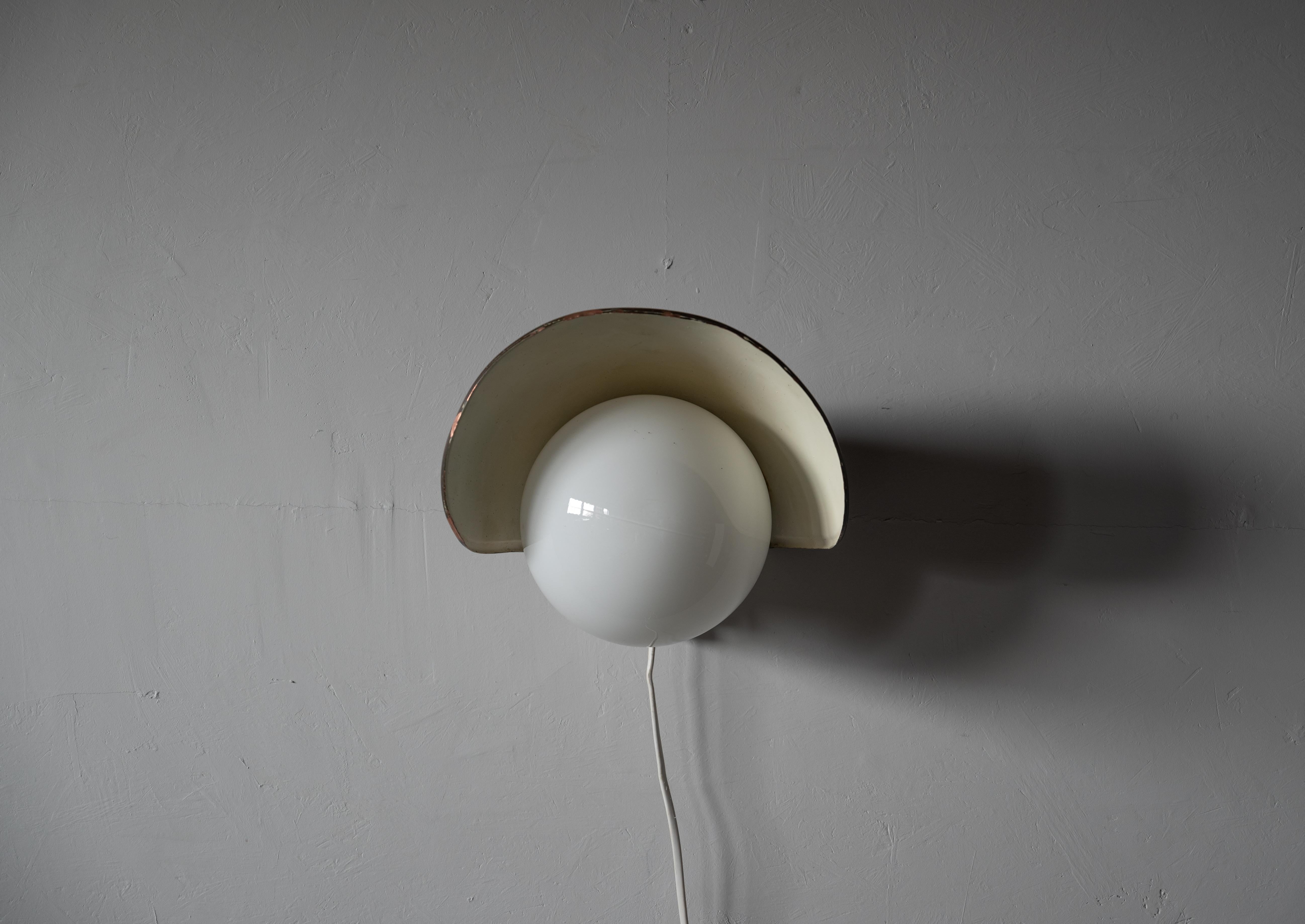 Finnish Sähköliikkeiden Oy, Wall Light, Patinated Copper, Milk Glass, Finland, 1940s For Sale