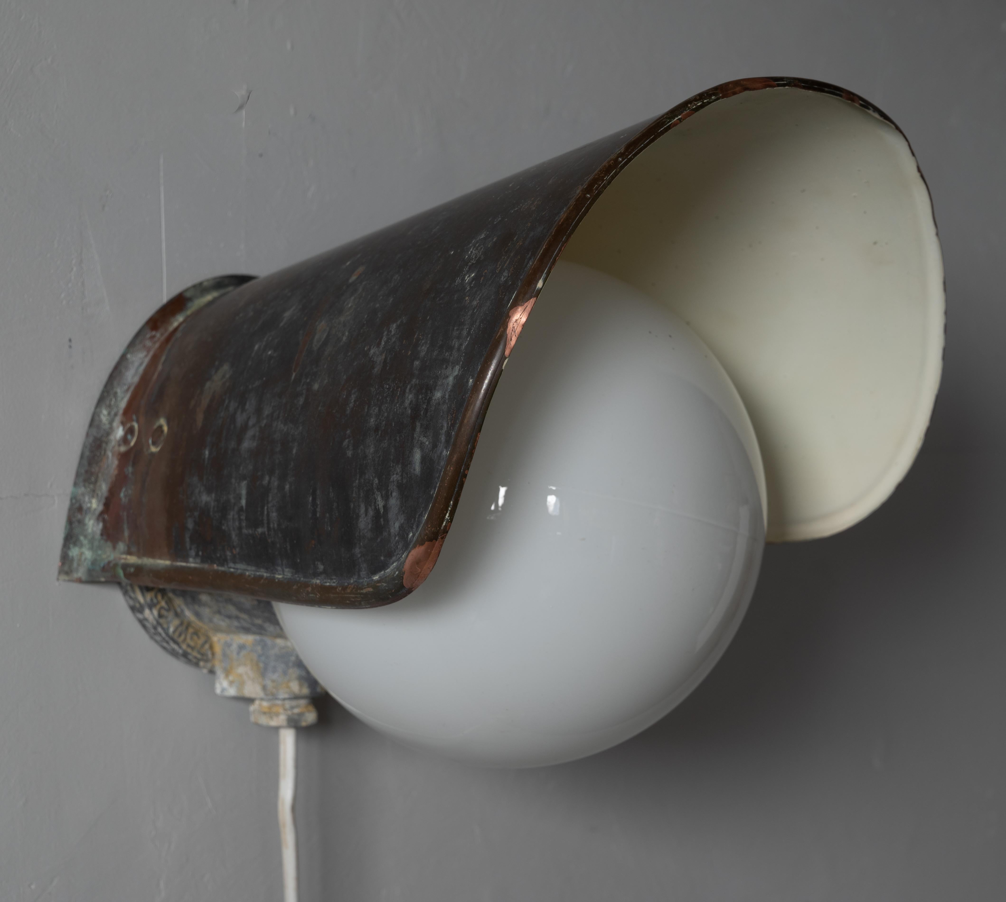 Sähköliikkeiden Oy, Wall Light, Patinated Copper, Milk Glass, Finland, 1940s In Fair Condition For Sale In High Point, NC