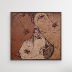 Quadro figurativo astratto contemporaneo con ritratto di tre figure femminili