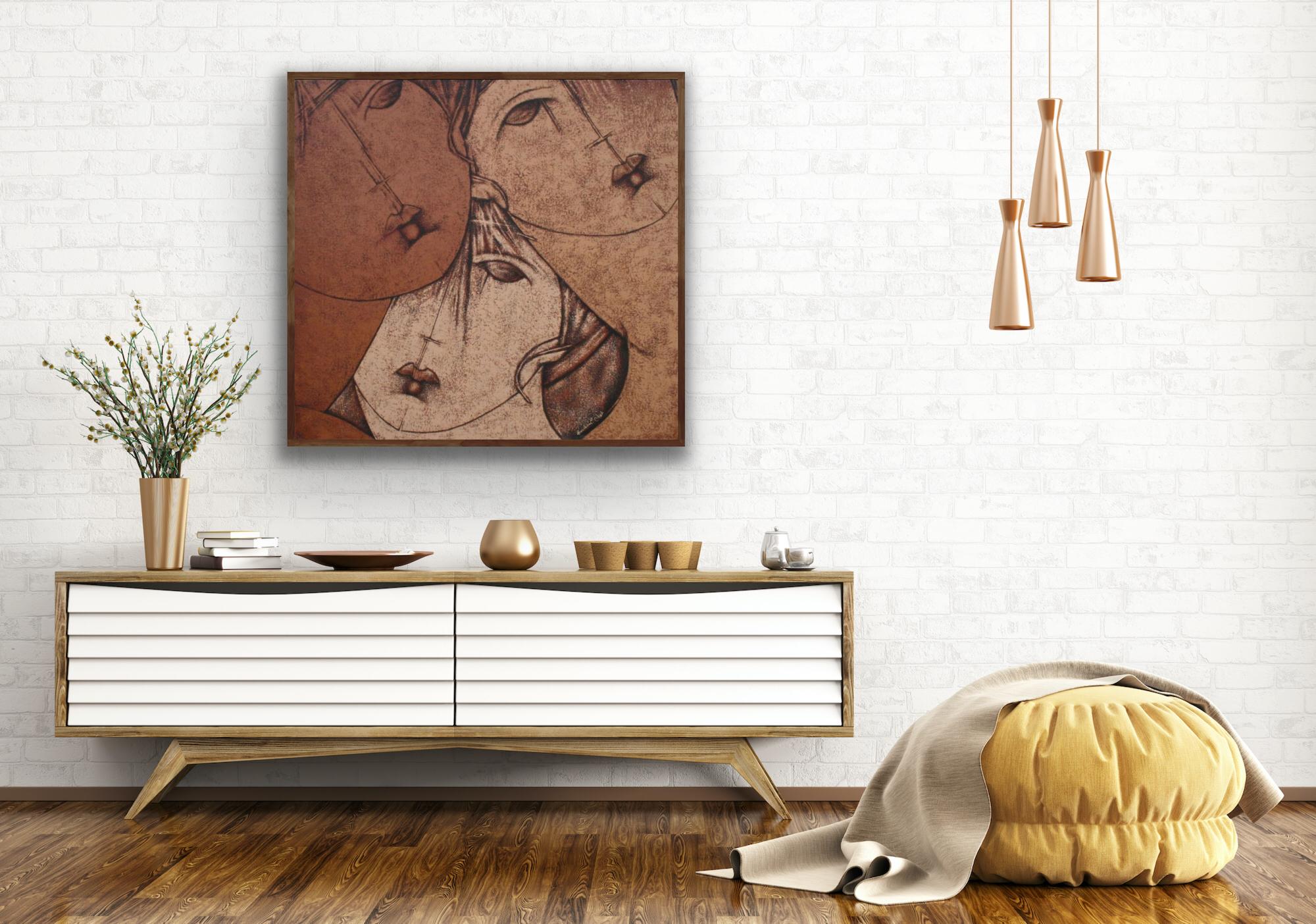 Zeitgenössische figurative abstrakte Porträtmalerei von drei weiblichen Figuren (Braun), Portrait Painting, von Said Housbane