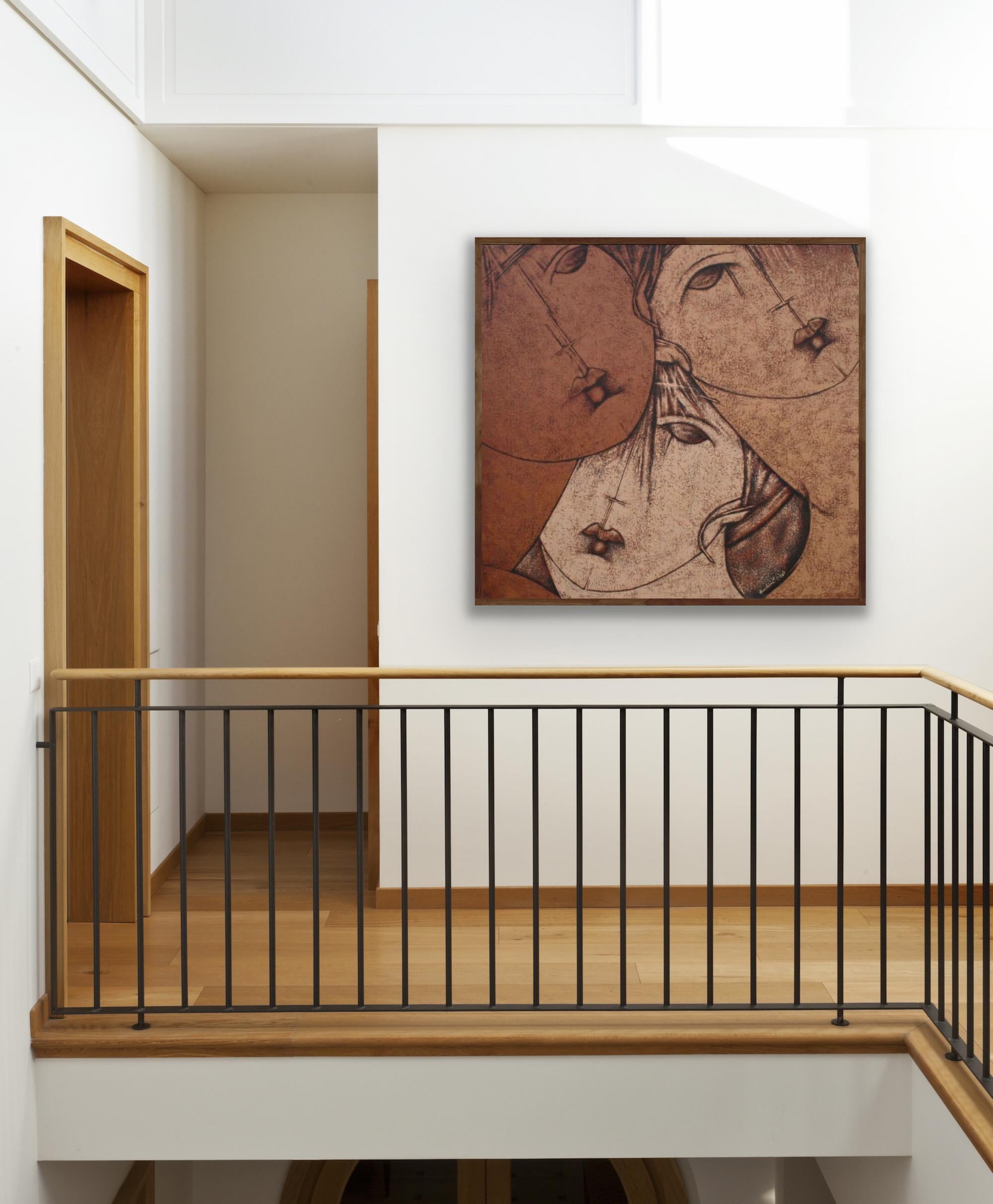 Braunes erdfarbenes zeitgenössisches figuratives Gemälde mit 3 Frauenfiguren des marokkanischen Künstlers Said Housbane. Acryl auf Leinwand. Größe: 56 x 60 Zoll. Wird ungerahmt und ungestreckt angeboten. Die Schiffe sind gerollt.

Said Housbane