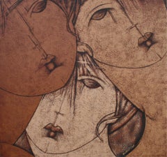 Zeitgenössische figurative abstrakte Porträtmalerei von drei weiblichen Figuren