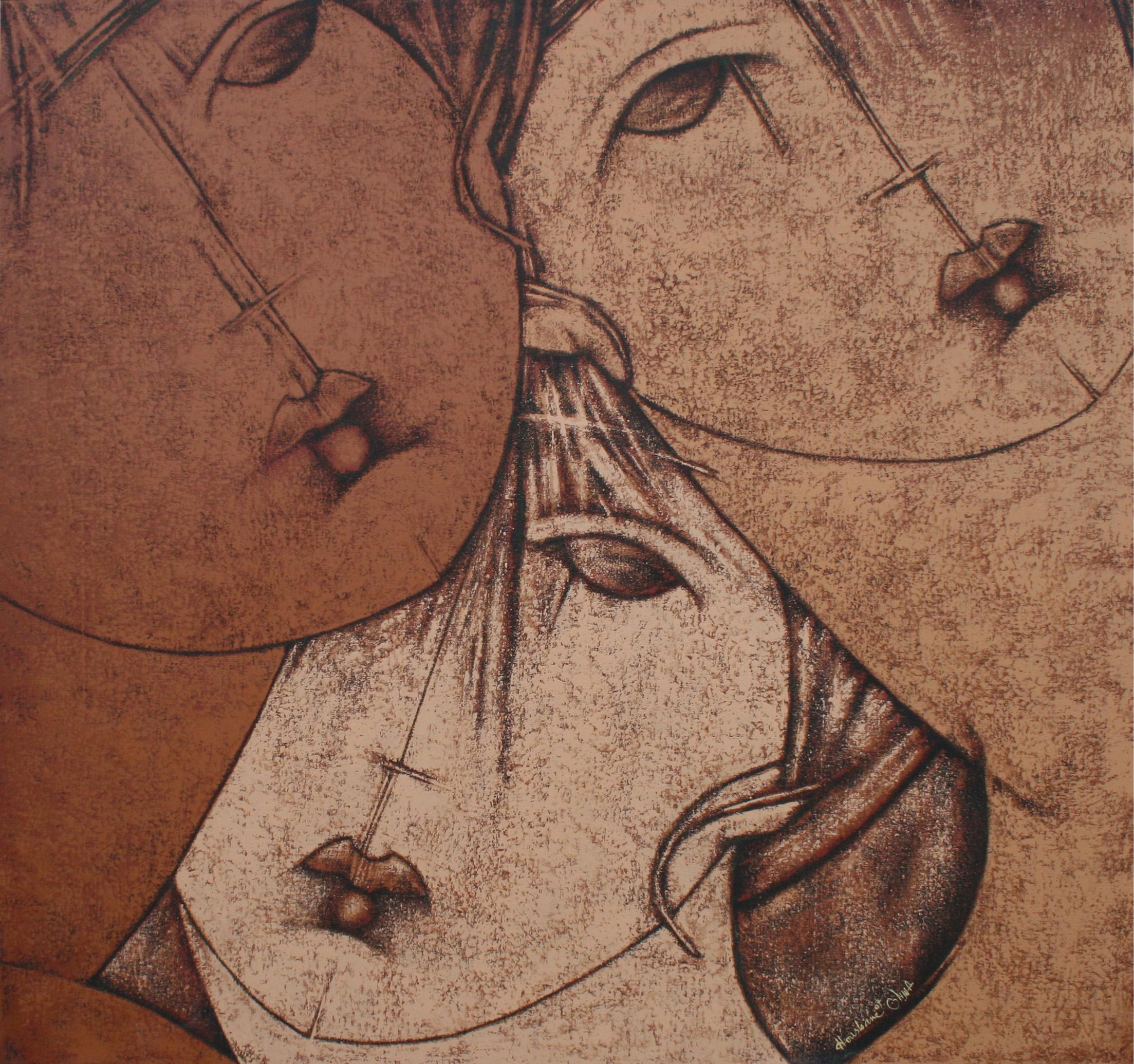 Brown earth tone contemporary figurative painting of 3 femail figures by Moroccan artist Said Housbane. Acrylic on canvas. Size: 56 x 60 inches. Offered in wood frame.

Said Housbane began his career by working in the fields of calligraphy,