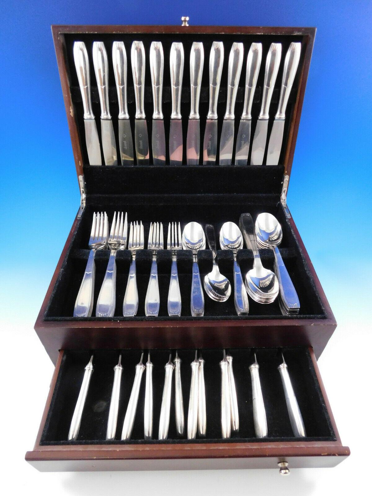 Rare Art Deco dinner size Saigon by Christofle France Silverplate flatware set, designed by Luc Lanel - 72 pieces. This set includes:

12 dinner size knives, 9 3/4