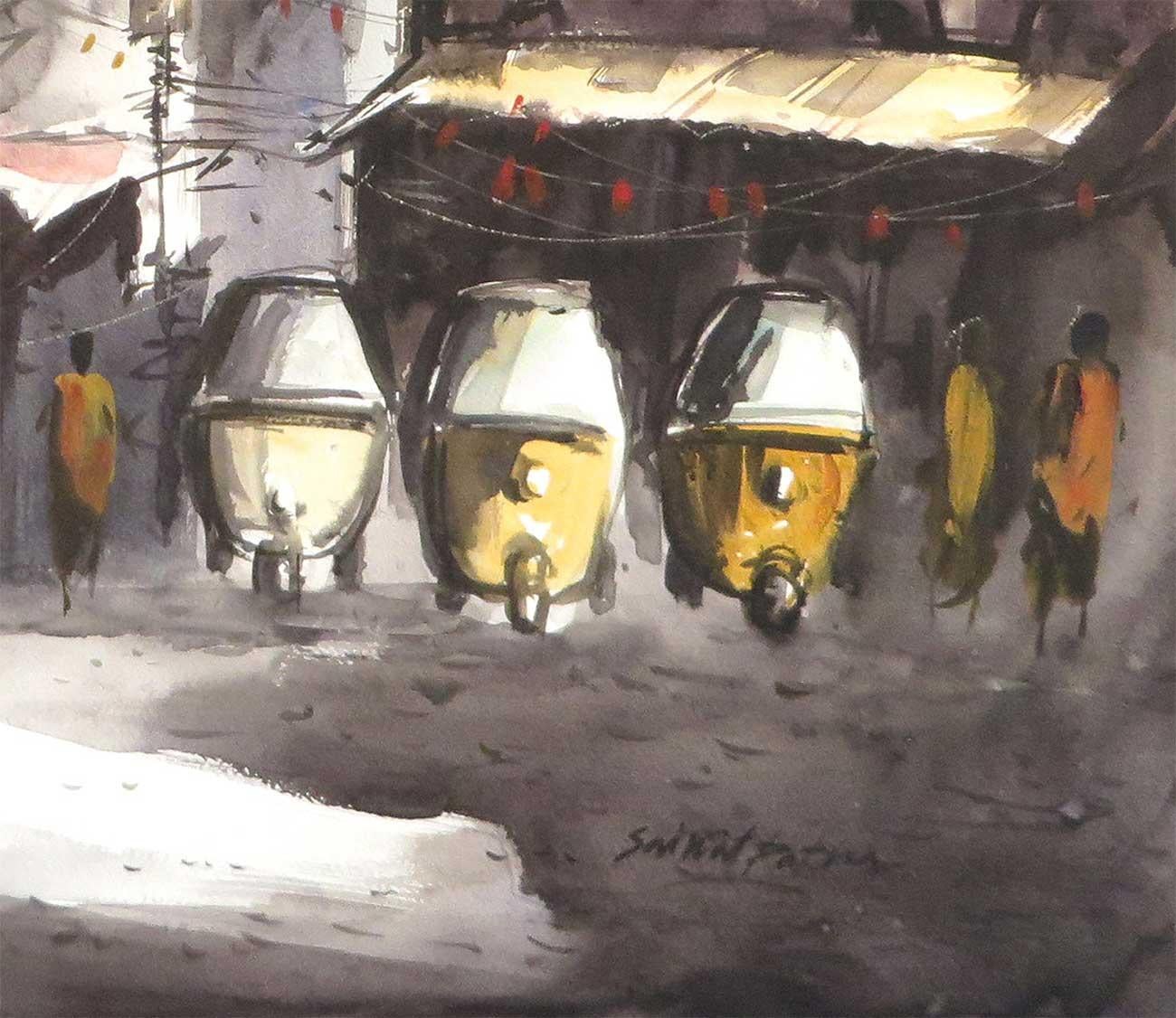 Cityscape, Autorickshaw, Watercolor on Paper by Indian Artist 