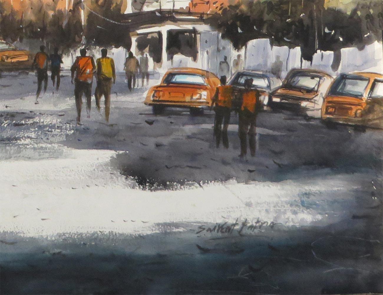 City Scape, City Life, Car, Watercolor on Paper by Indian Artist 