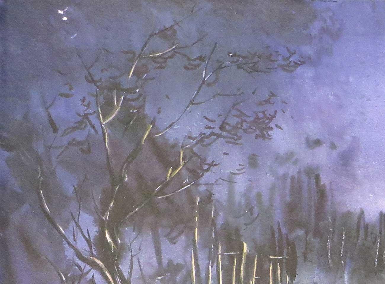 Scena di villaggio di notte, carro di mucche, Acquerello su carta, Viola, Marrone 