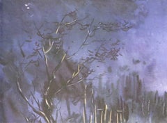 Escena nocturna de pueblo, carro de vacas, acuarela sobre papel, violeta, marrón "En Stock"