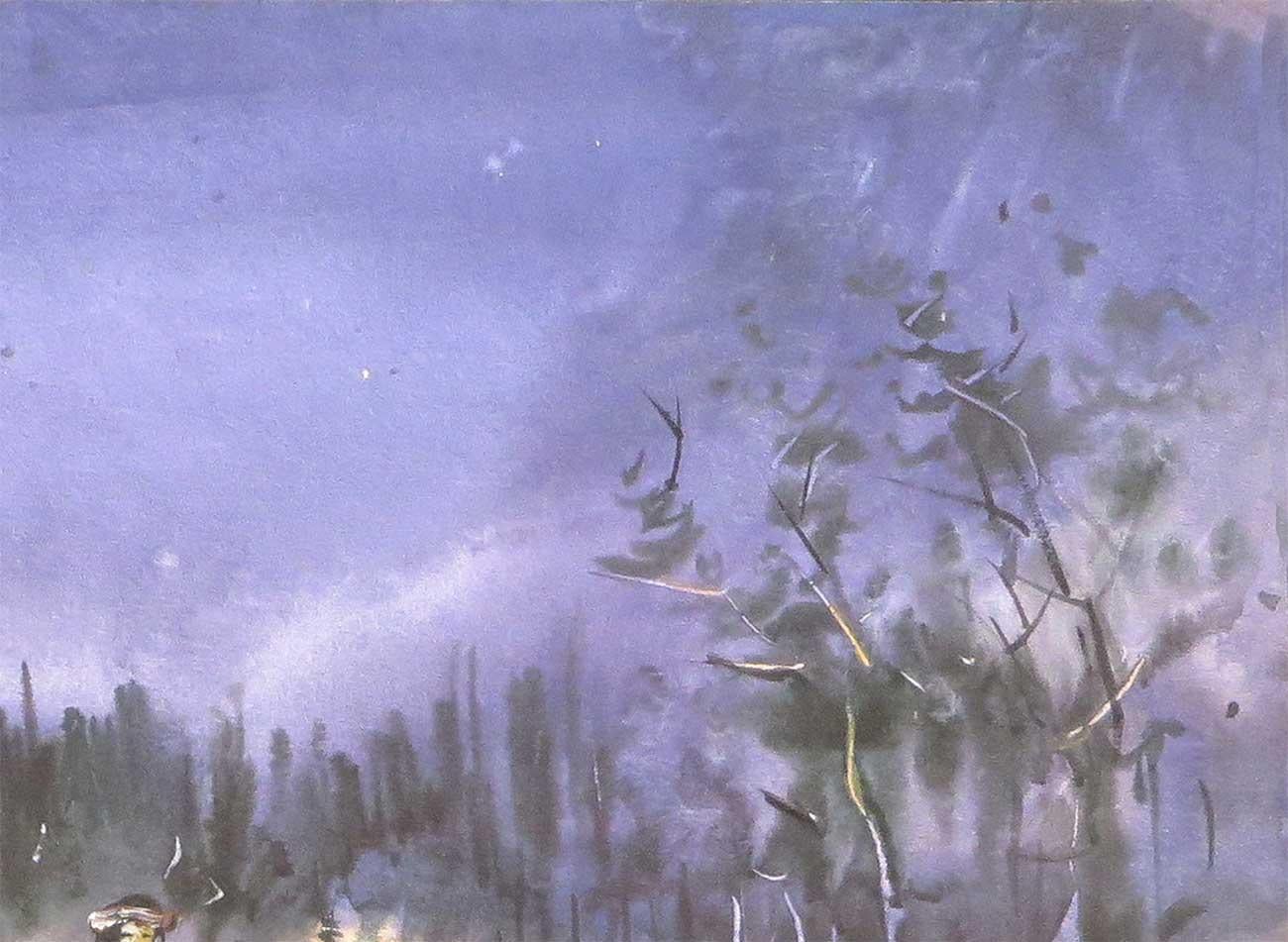 Scena di villaggio di notte, carro di mucche, Acquerello su carta, Viola, Marrone 