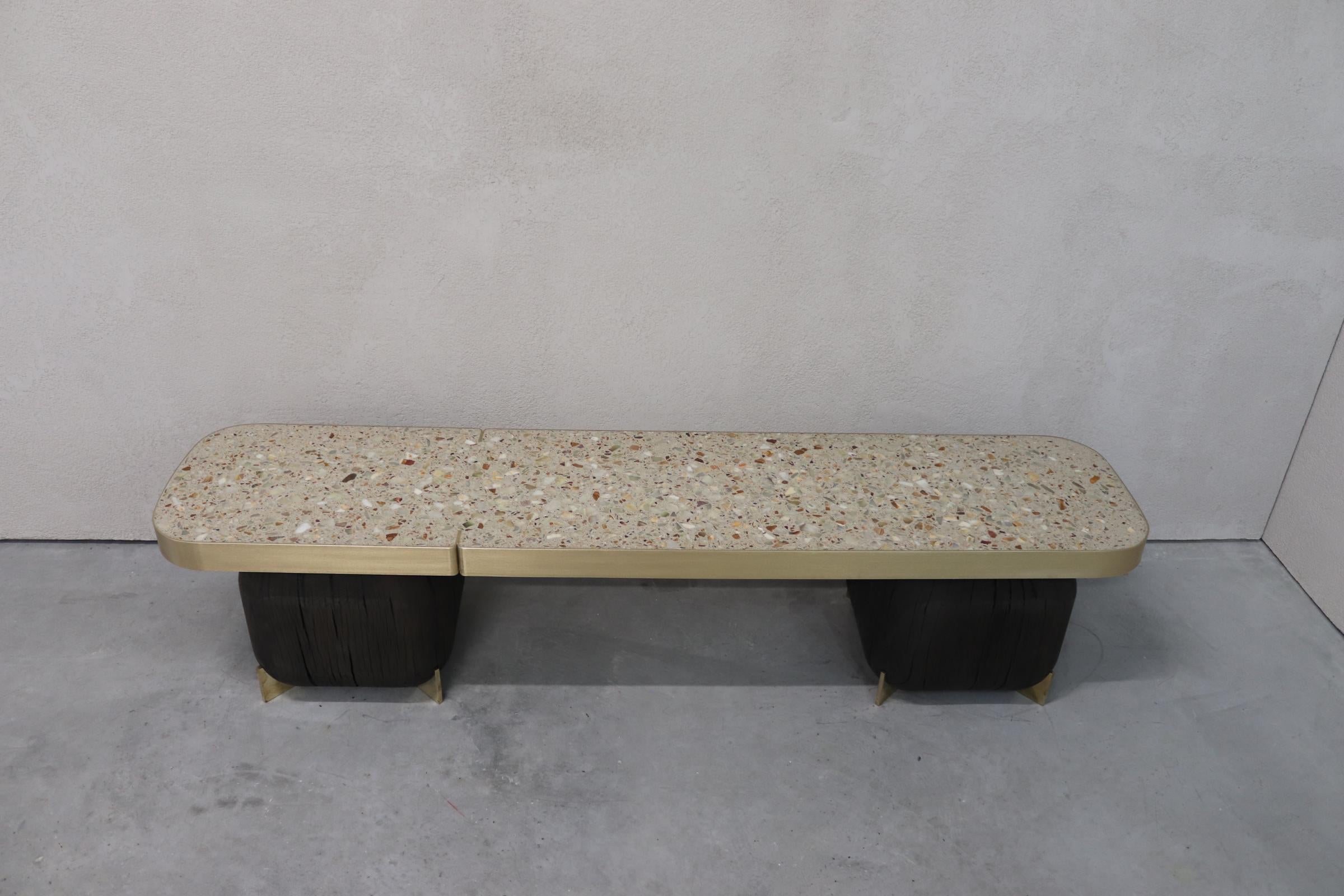 Saikoro Bench with Precious Terrazzo and Brass Details and Historical Oak Stand For Sale 5