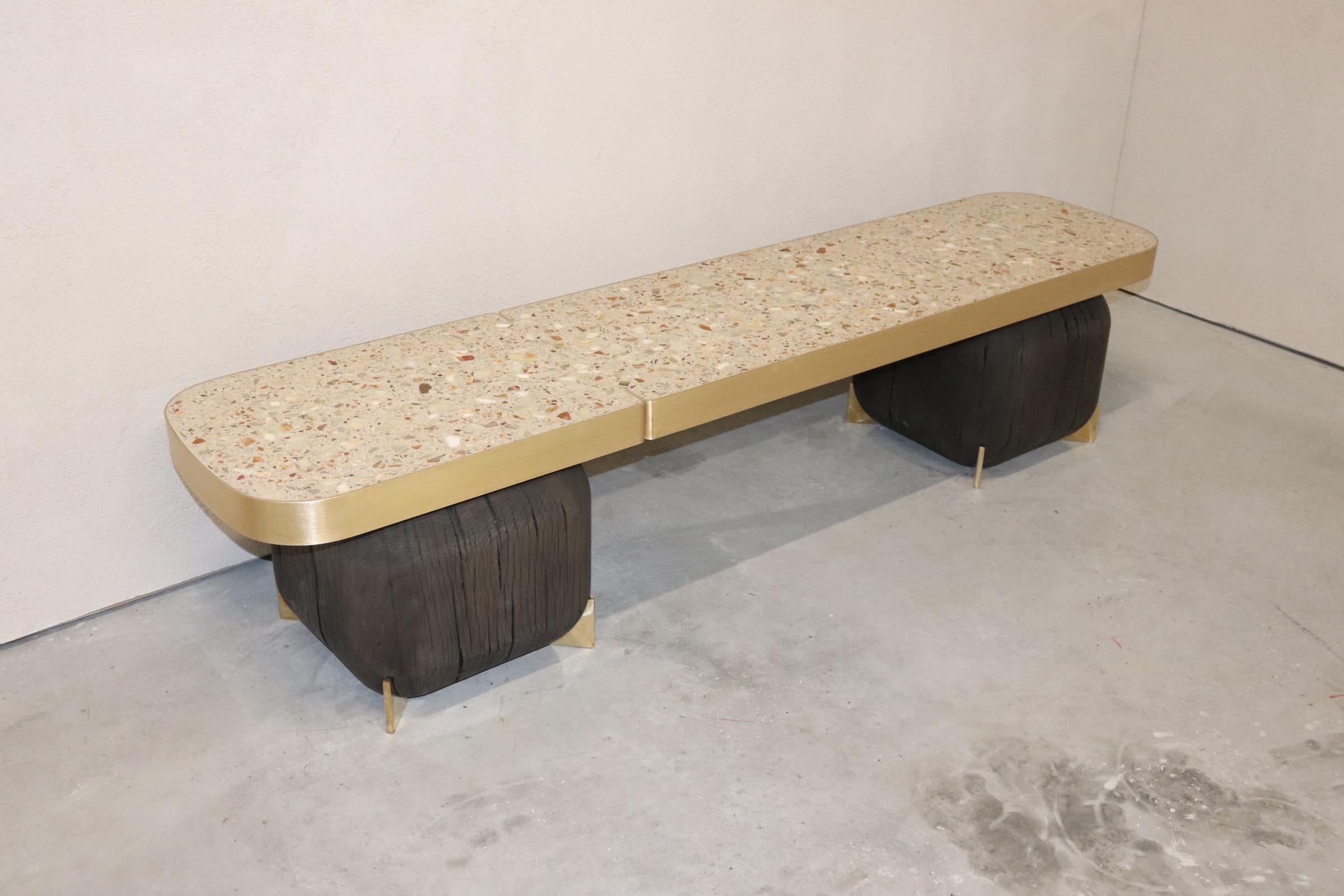 Arts and Crafts Saikoro Bench with Precious Terrazzo and Brass Details and Historical Oak Stand For Sale