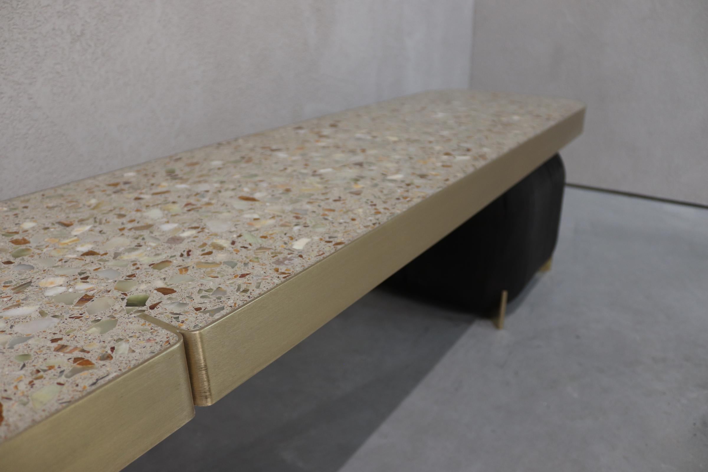 Contemporary Saikoro Bench with Precious Terrazzo and Brass Details and Historical Oak Stand For Sale