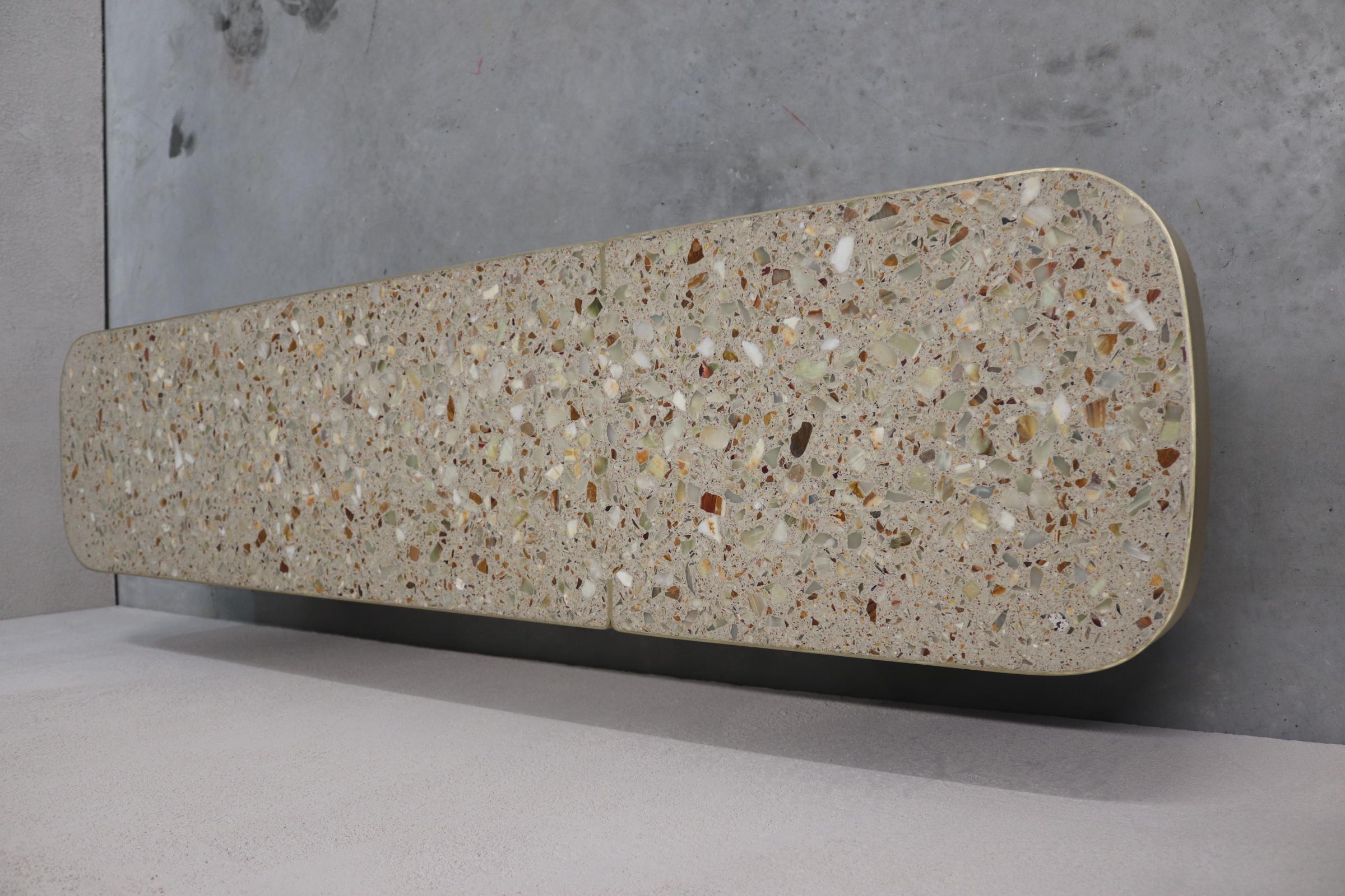Saikoro Bench with Precious Terrazzo and Brass Details and Historical Oak Stand For Sale 2