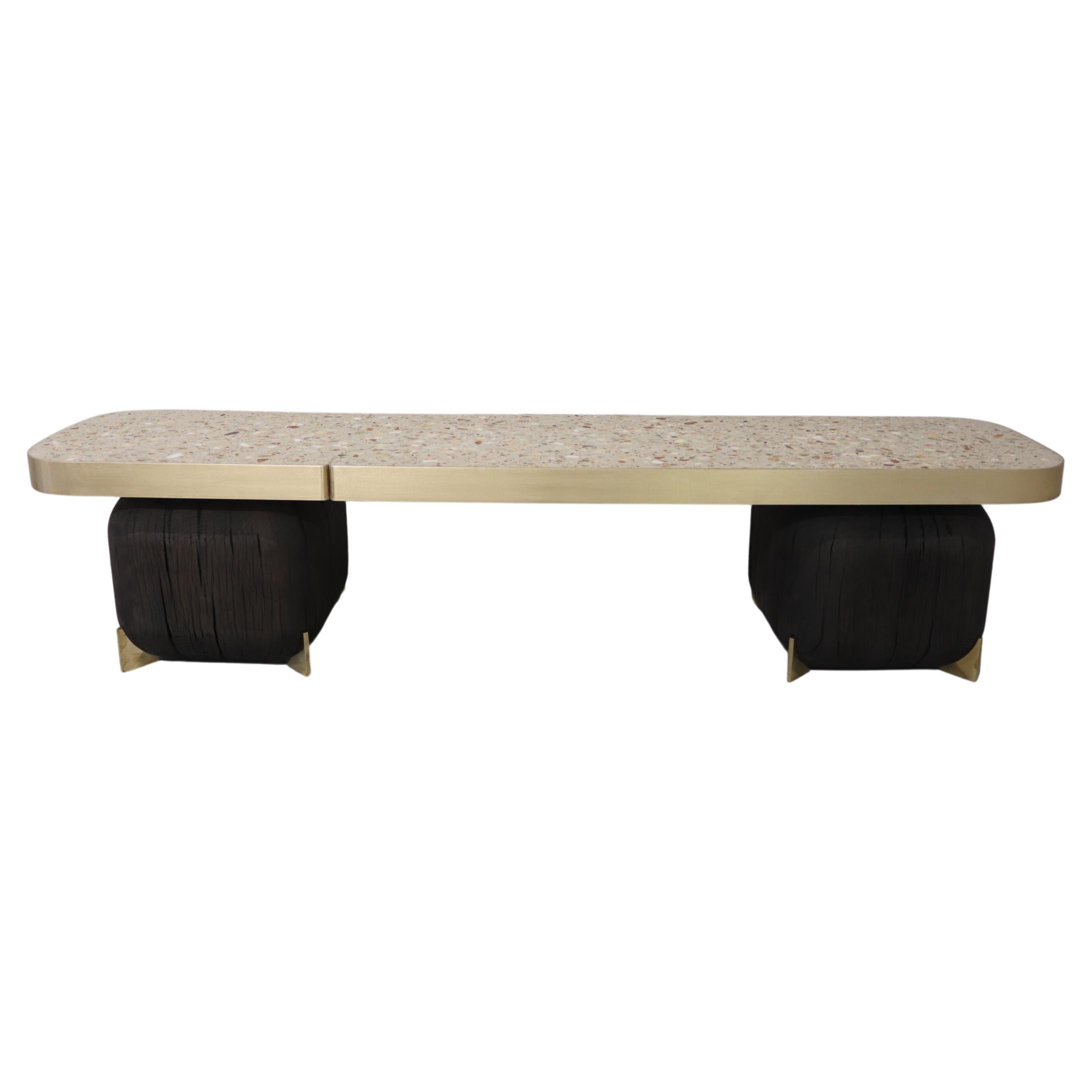 Saikoro Bench with Precious Terrazzo and Brass Details and Historical Oak Stand For Sale
