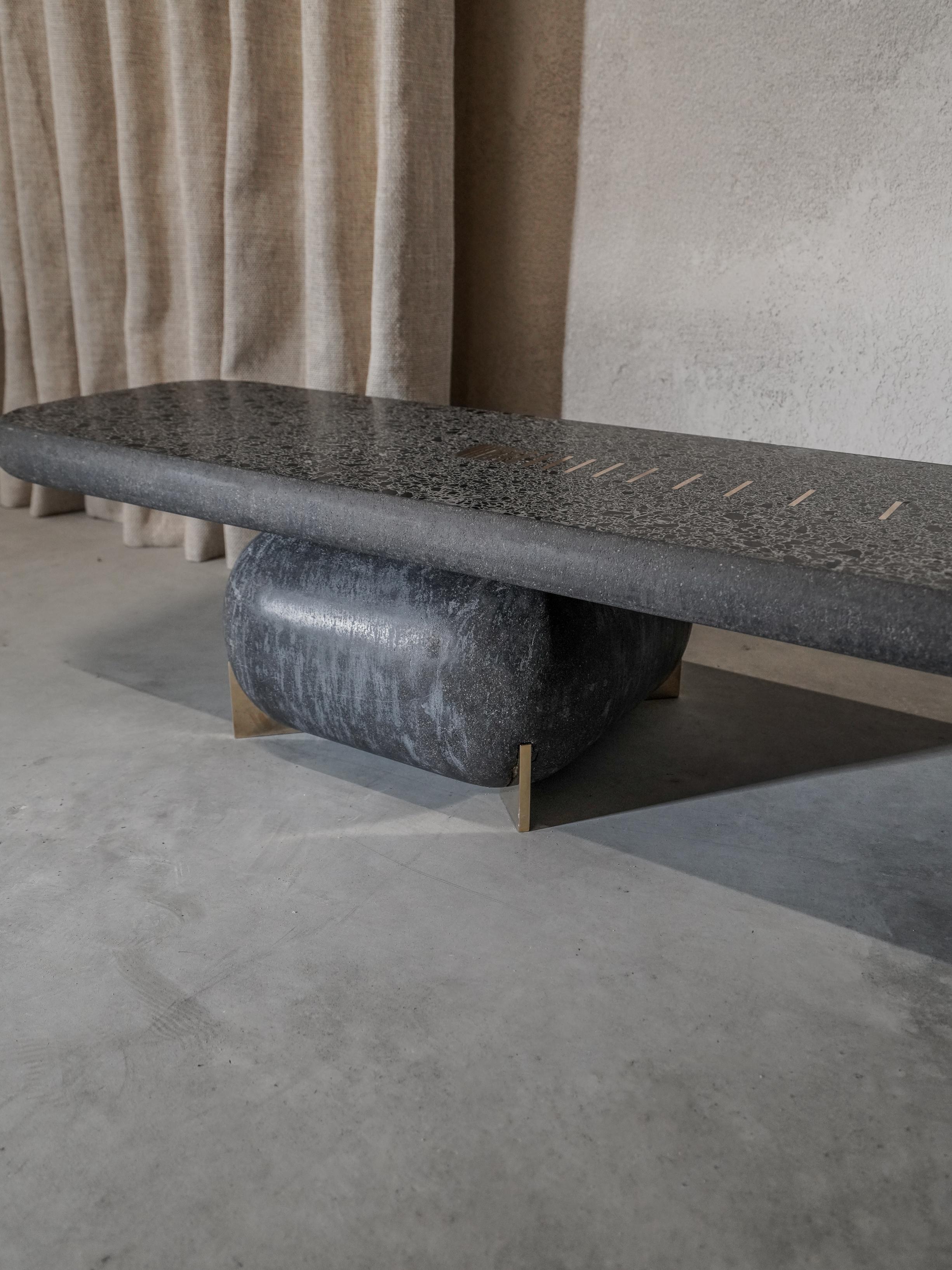 Belgian Saikoro Black/Grey Low Side Table in Terrazzo with Solid Brass Details For Sale
