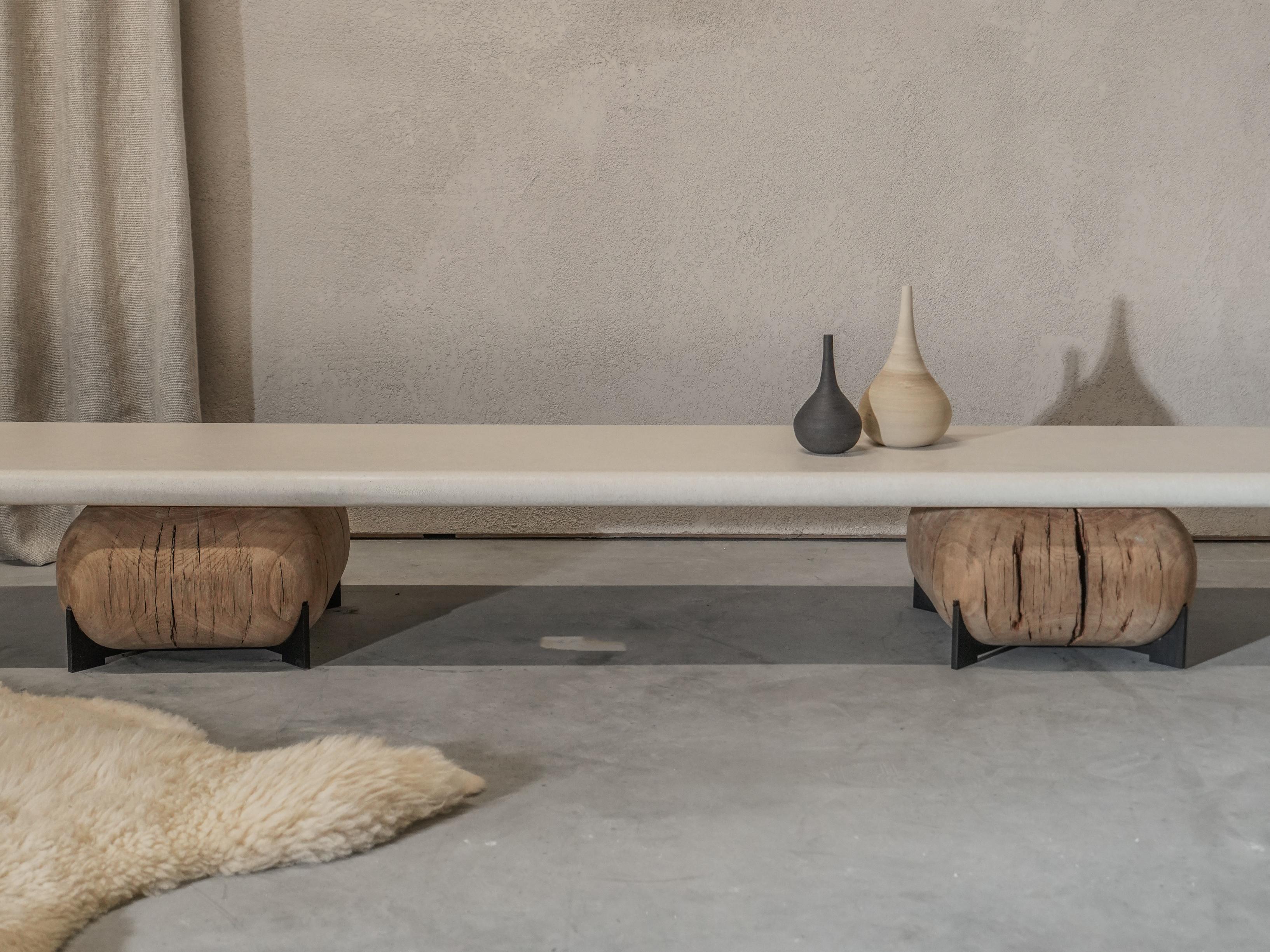 Saikoro Low Side Table with Mineral Plaster Table Top and Historical Oak For Sale 2