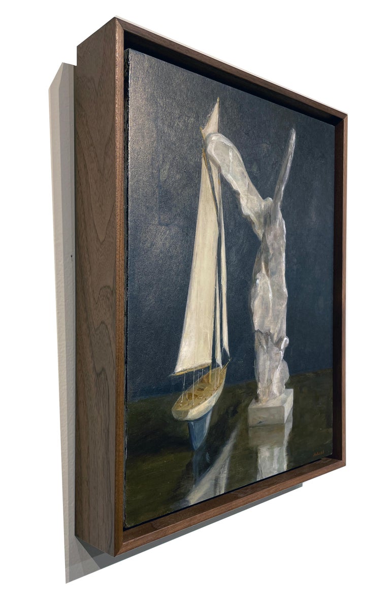 Modern Sail and Nike, Still Life with Toy Boat and Winged Victory, Silver Leaf and Oil For Sale
