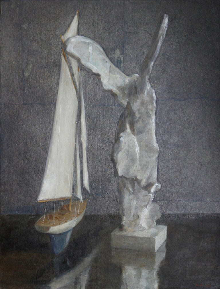 American Sail and Nike, Still Life with Toy Boat and Winged Victory, Silver Leaf and Oil For Sale