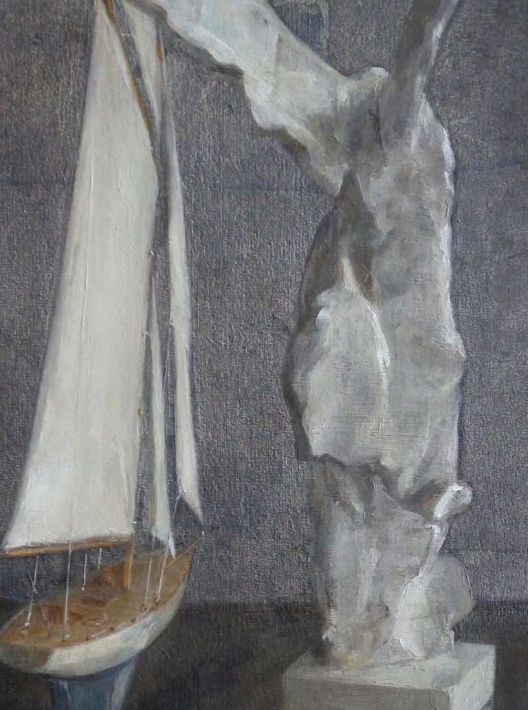 Hand-Painted Sail and Nike, Still Life with Toy Boat and Winged Victory, Silver Leaf and Oil For Sale
