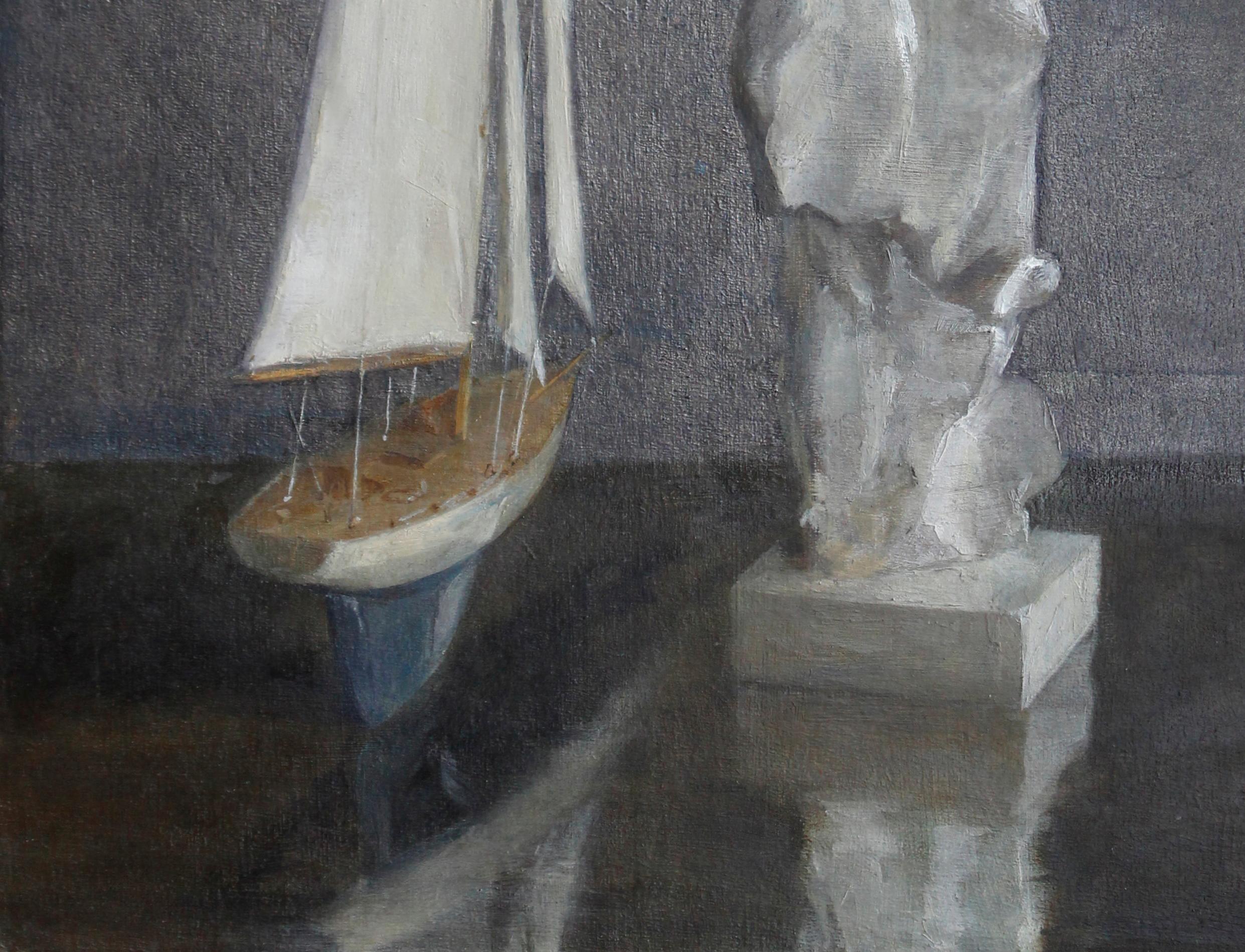Sail and Nike, Still Life with Toy Boat and Winged Victory, Silver Leaf and Oil In New Condition For Sale In Chicago, IL