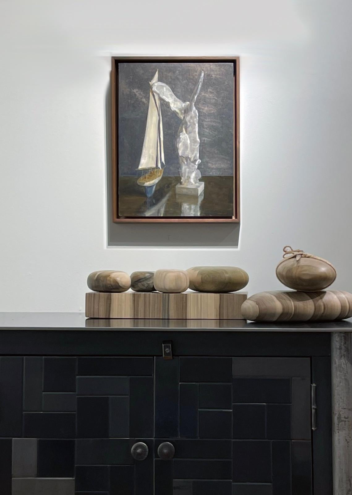 Contemporary Sail and Nike, Still Life with Toy Boat and Winged Victory, Silver Leaf and Oil For Sale