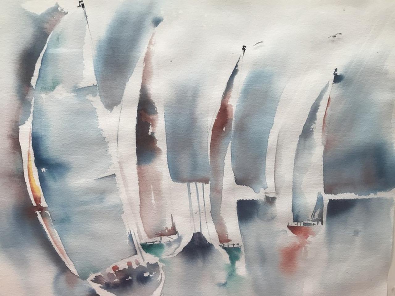 Watercolor painting of four sailboats by Shelly Shepherd. Signed and dated 1986.
Shelly Bechter Shepherd was a nationally recognized watercolorist and a teacher with her studio at the Hand Workshop Art Center in Richmond, Virginia. She also taught
