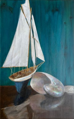 Sailboat Against Teal Blue Panel - With Nautilus, Oil on Wine Crate Panel