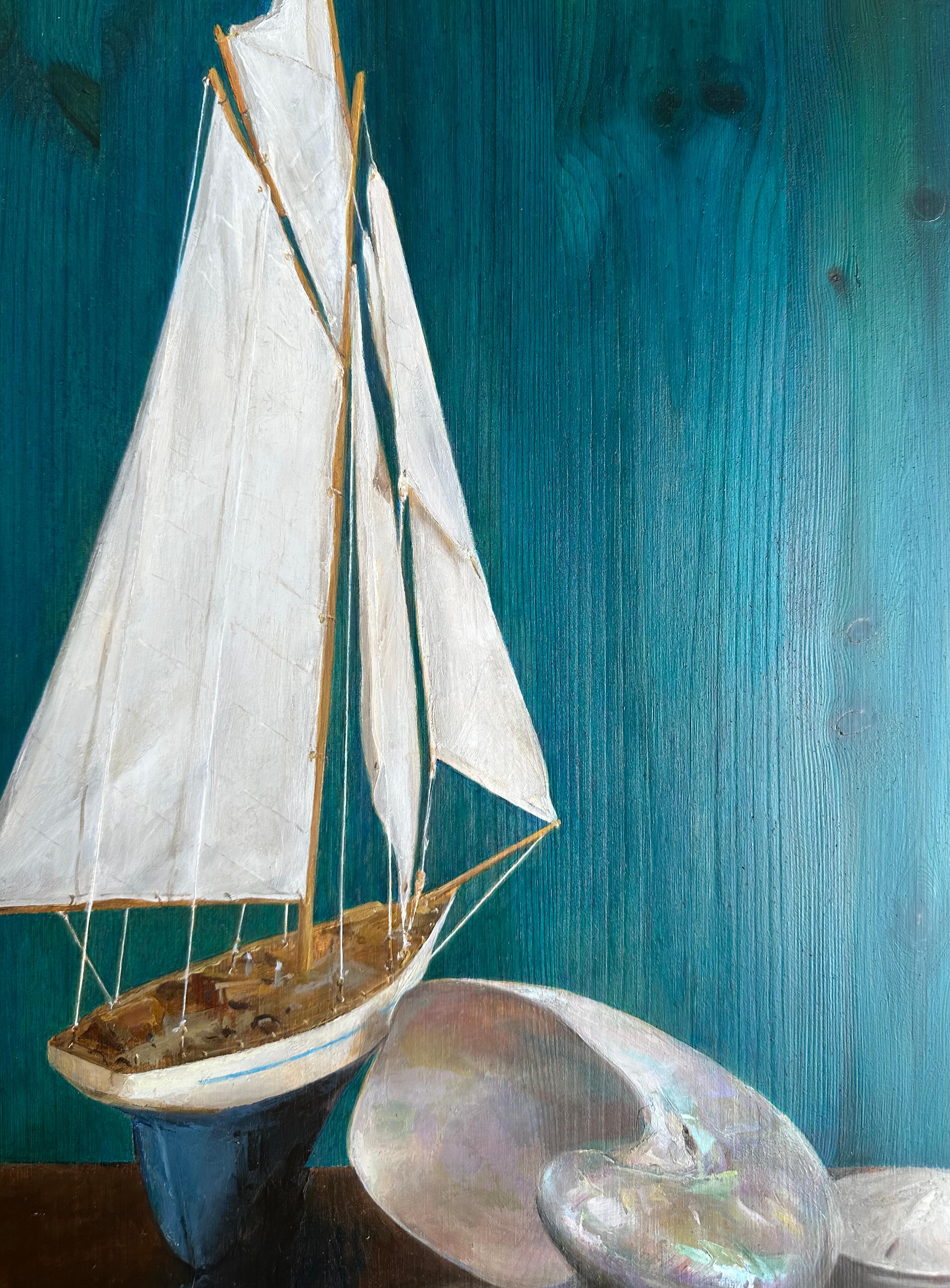 Segelboot auf blauem Teal-Paneel – mit Nautilus, Öl auf Weinkreuz-Paneel (Moderne) im Angebot