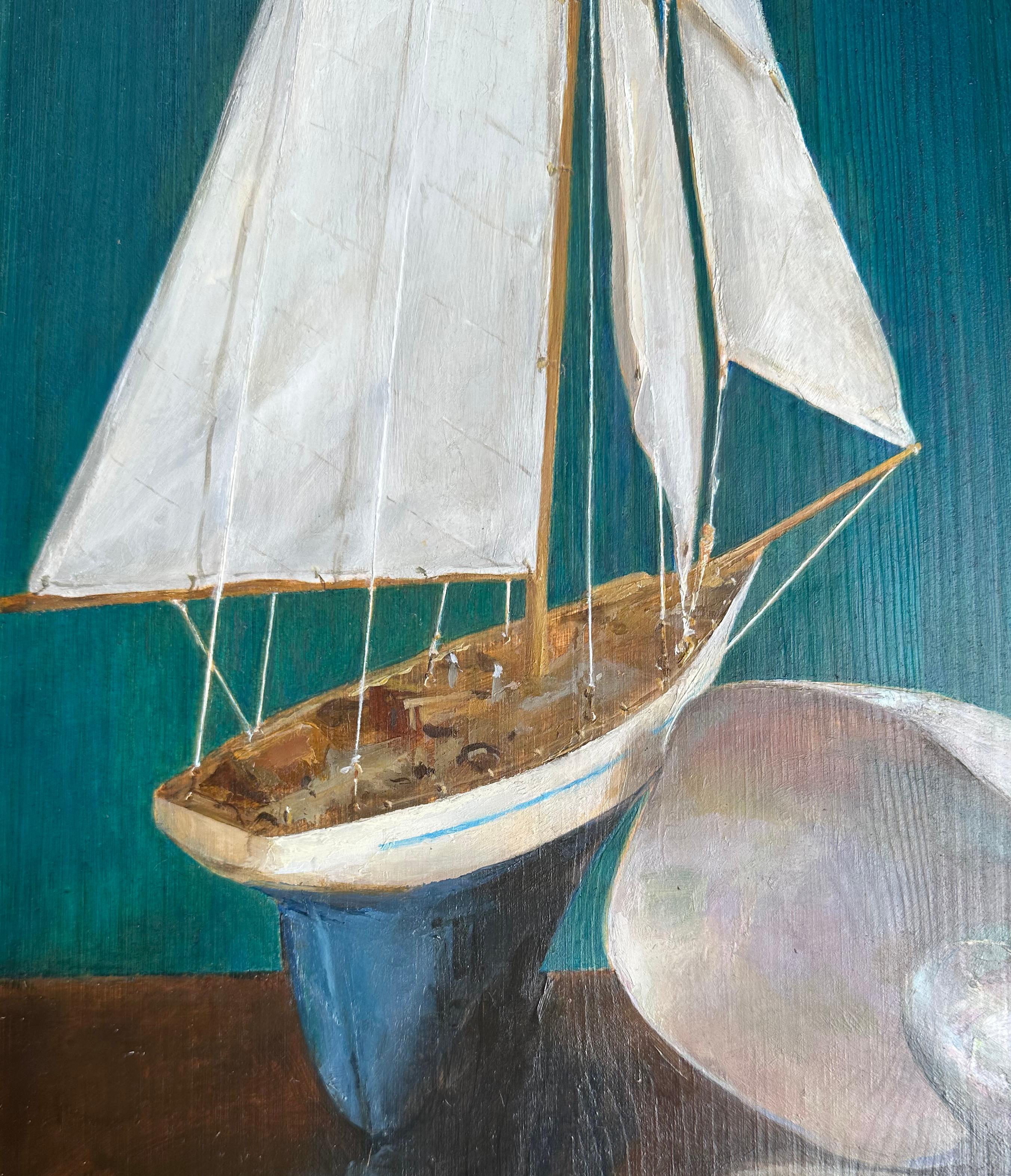 Segelboot auf blauem Teal-Paneel – mit Nautilus, Öl auf Weinkreuz-Paneel (amerikanisch) im Angebot