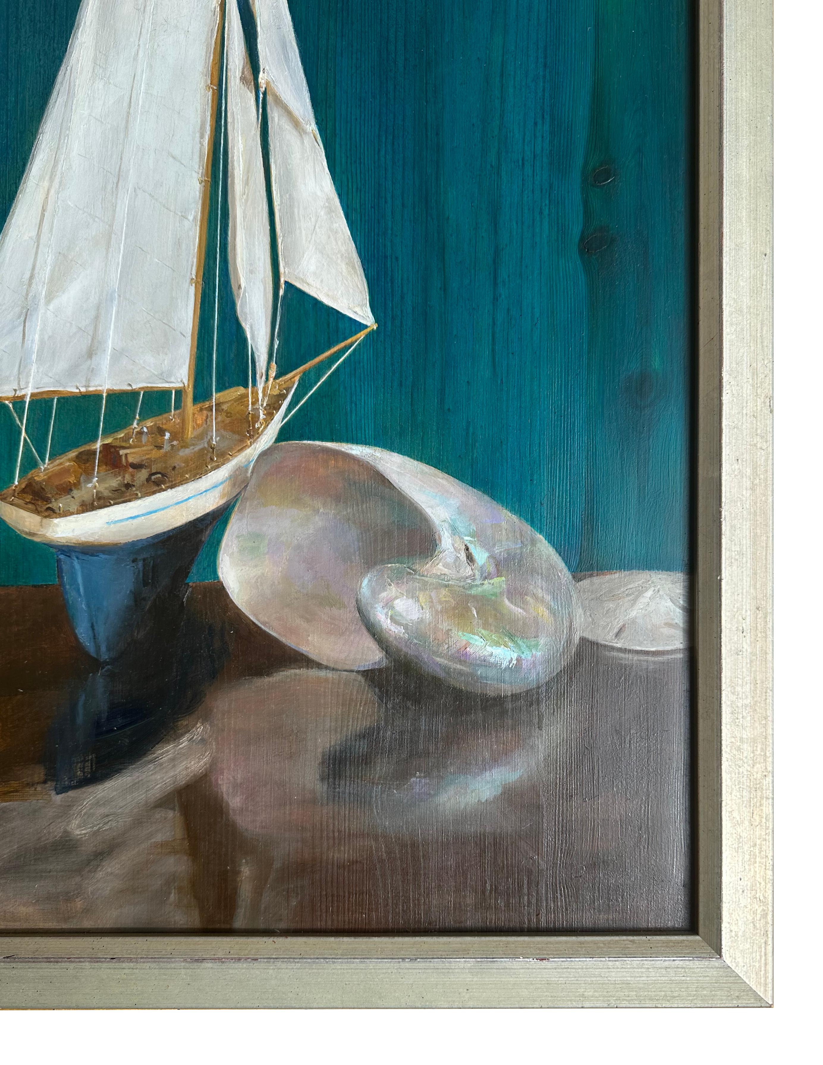 Segelboot auf blauem Teal-Paneel – mit Nautilus, Öl auf Weinkreuz-Paneel im Zustand „Neu“ im Angebot in Chicago, IL