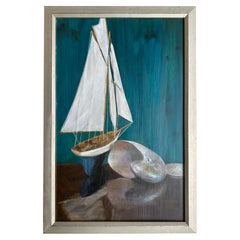 Sailboat Against Teal Blue Panel - With Nautilus, Oil on Wine Crate Panel