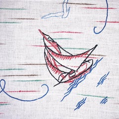 Sailboat and Anchor Nautical Linen Table Cloth with Blue Green Red and Black